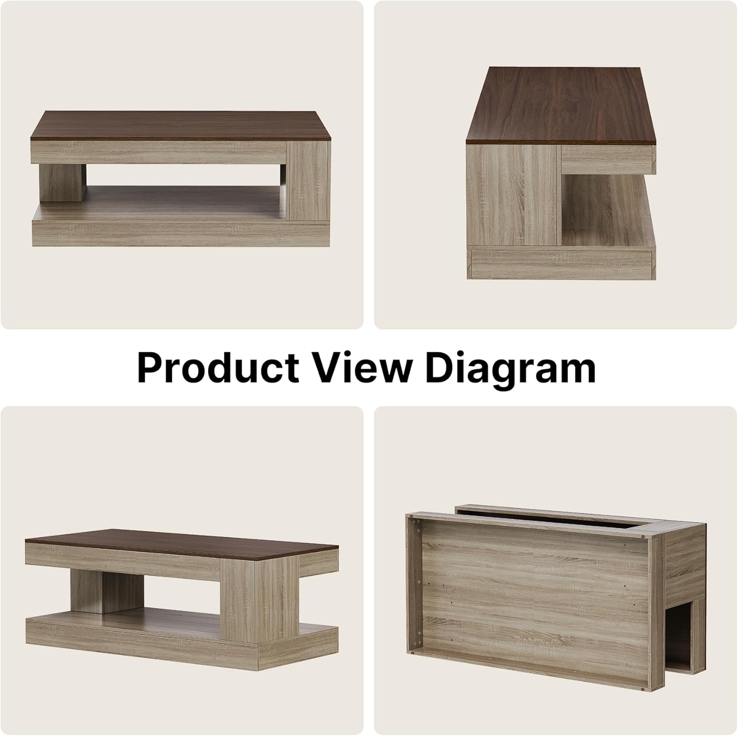 Miereirl Farmhouse Coffee Table with Storage Shelf, 2-Tier Wood Rustic Center Table with LED Light, 47” Rectangular Tea Tables for Living Room, Apartment, Office,Walnut &Light Ash White