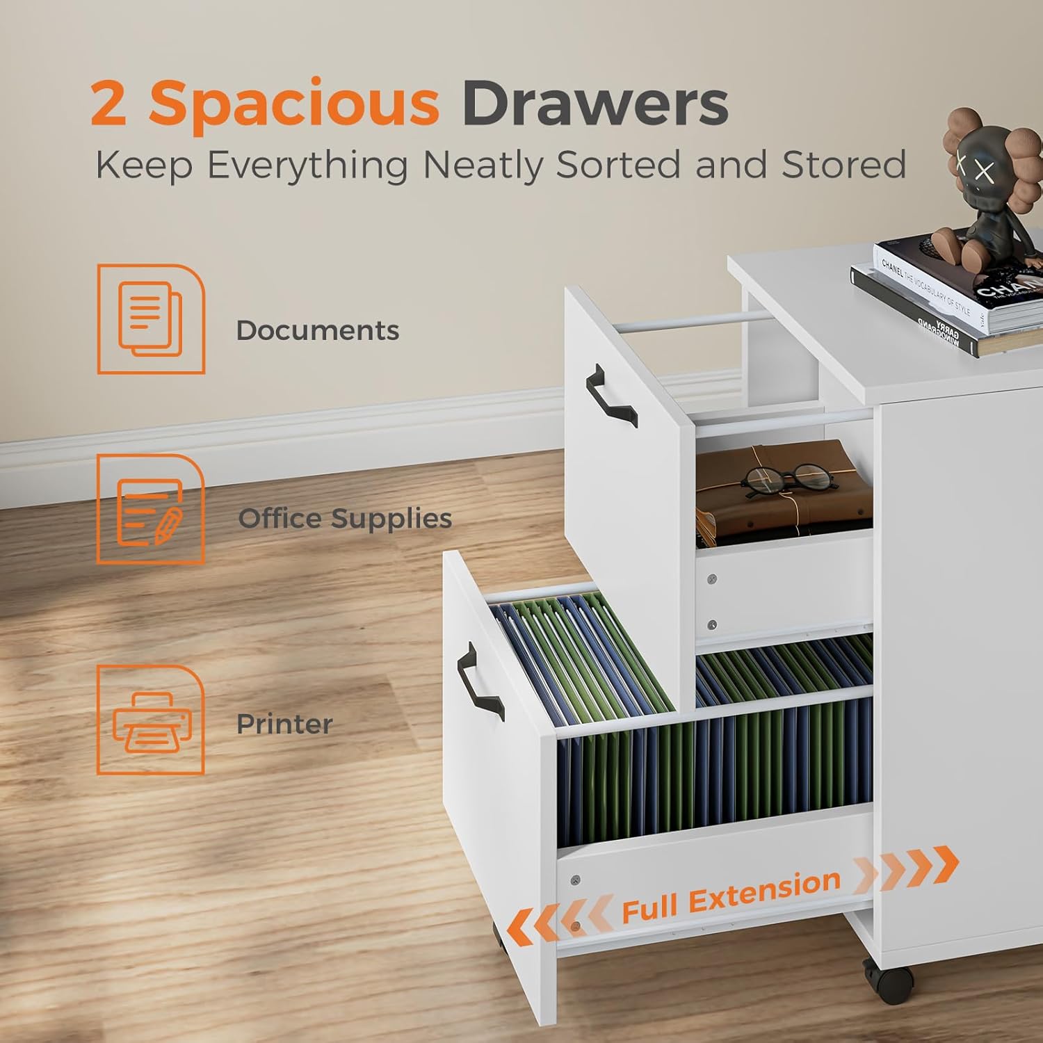 Sweetcrispy 2-Drawer Rolling File Cabinet, Wood Under Desk Storage with Lockable Wheels, Mobile Printer Stand & Home Office Organizer for Documents and Office Supplies, White