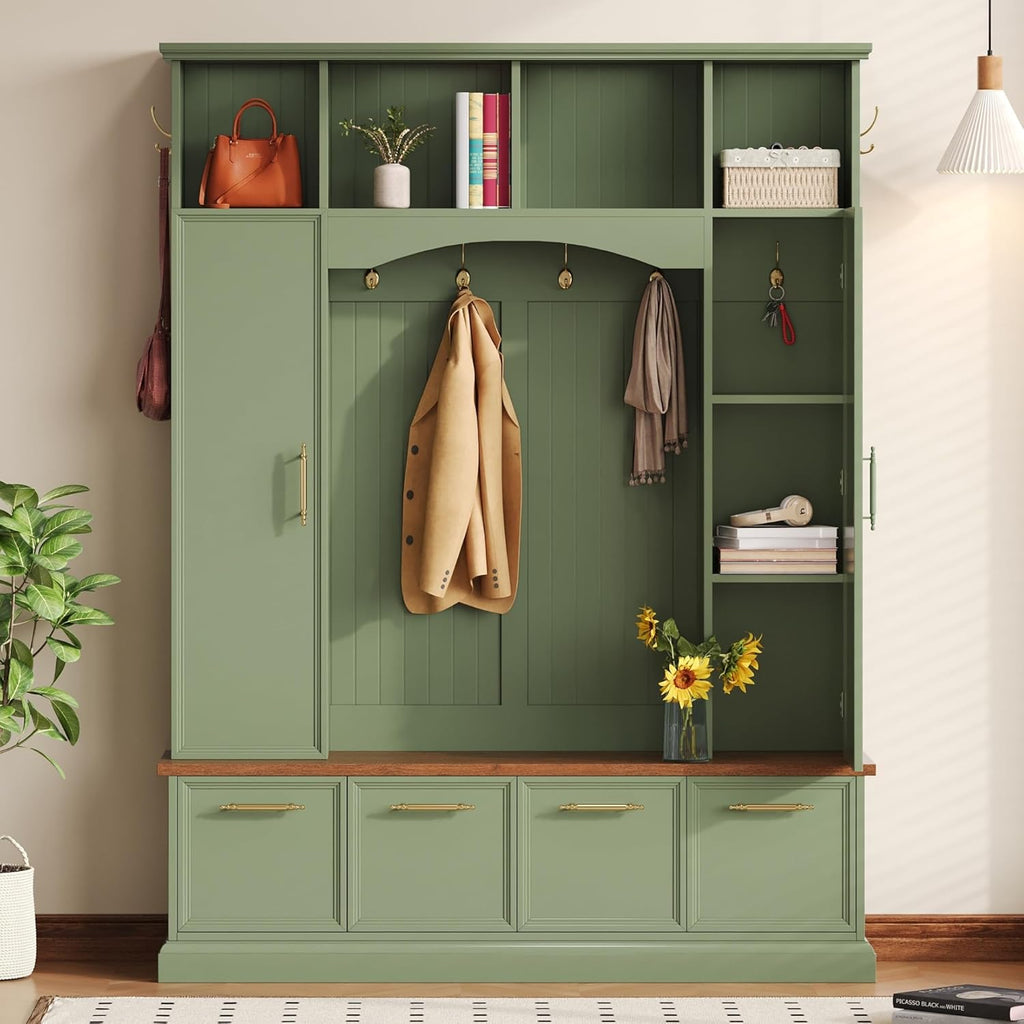 LUMISOL 4-in-1 Hall Tree with Golden Hooks & Handles, Entryway Bench with Adjustable Shelves, 76.7”H Farmhouse Style Coat & Shoe Rack for Mudroom, Green