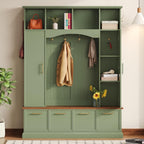 LUMISOL 4-in-1 Hall Tree with Golden Hooks & Handles, Entryway Bench with Adjustable Shelves, 76.7”H Farmhouse Style Coat & Shoe Rack for Mudroom, Green