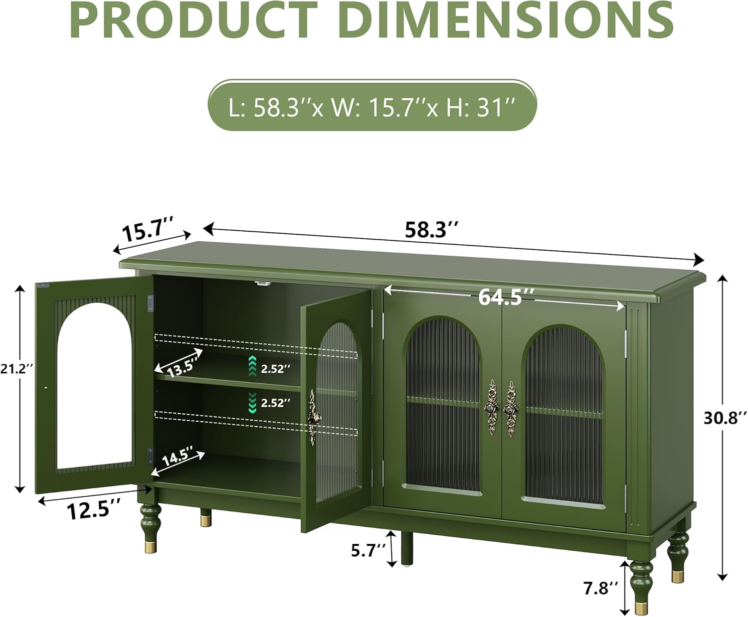 iPormis Fluted Arched Buffet Cabinet with Storage, 59" Vintage Sideboard with Glass Door & Adjustable Shelves, Mid Century Modern Solid Wood Credenza Accent Cabinet for Living Room, Entryway, Green