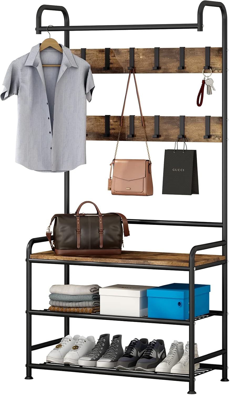 LINZINAR Coat Rack Hall Tree with Bench and Shoe Storage 3 in 1 Entryway | Stand Alone Coat Hanger Shoe Shelf Coat and Shoe Rack Entryway Hall Tree for Entrance Hallway Doorway Front Door
