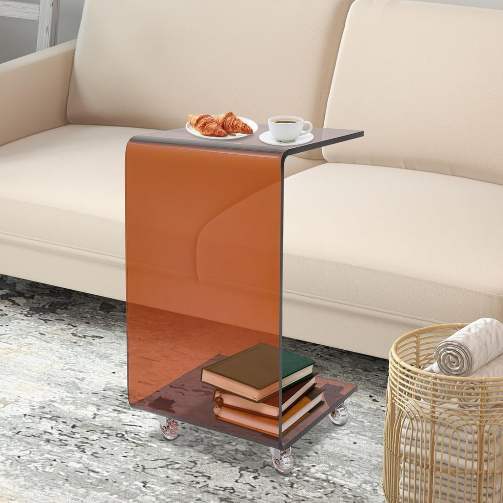 Acrylic End Table, C-Shaped Side Table Nightstand with 4 Wheels, Movable Small Side Table Laptop Desk for School Office Home Bedroom, 13.38" D x 14.17" W x 21.65" H (Tea)
