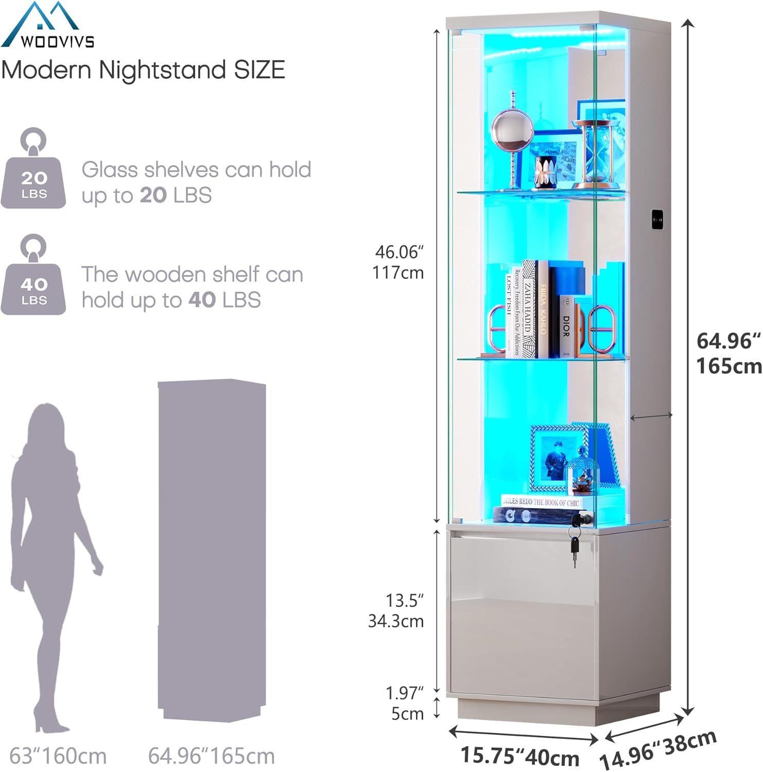 WOOVIVS 64.9" Glass Display Cabinet with Lock & 3-Color LED Lights, Tempered Glass Curio Cabinet with Mirror Back, Tall Display Shelf for Collectibles, Memorabilia (White)
