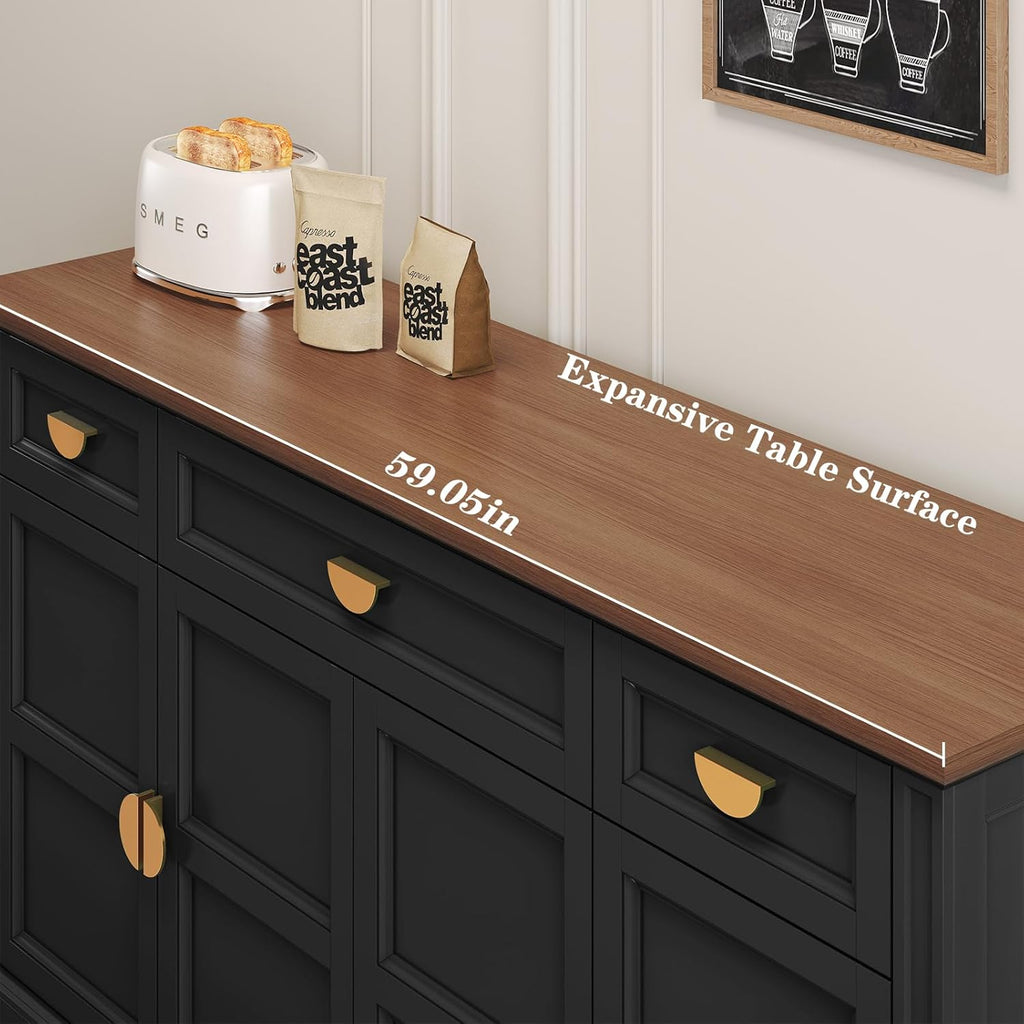 HLR 60” Large Buffet Sideboard Cabinet with 4 Doors and 3 Drawers Shaker Style, Coffee Bar Storage Cabinet for Dinning Room, Kitchen, Living Room, Black