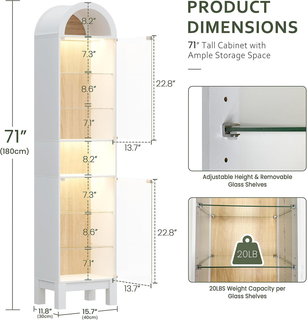 71" H Narrow Arched Display Cabinet with Glass Doors & 8-Tier Shelves, Slim Curio Cabinets with LED Lights for Collectibles/Perfume, Tall Storage Cabinets for Corner, Small Space (White)