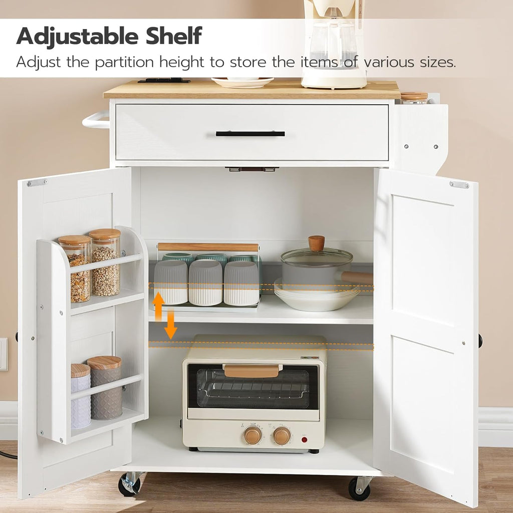 HOOBRO Kitchen Island with Power Outlet, Rolling Kitchen Island with Large Worktop, Kitchen Island Cart with Spice Rack and Drawer, Island Table for Dining Room, White and Natural WN88UZD01