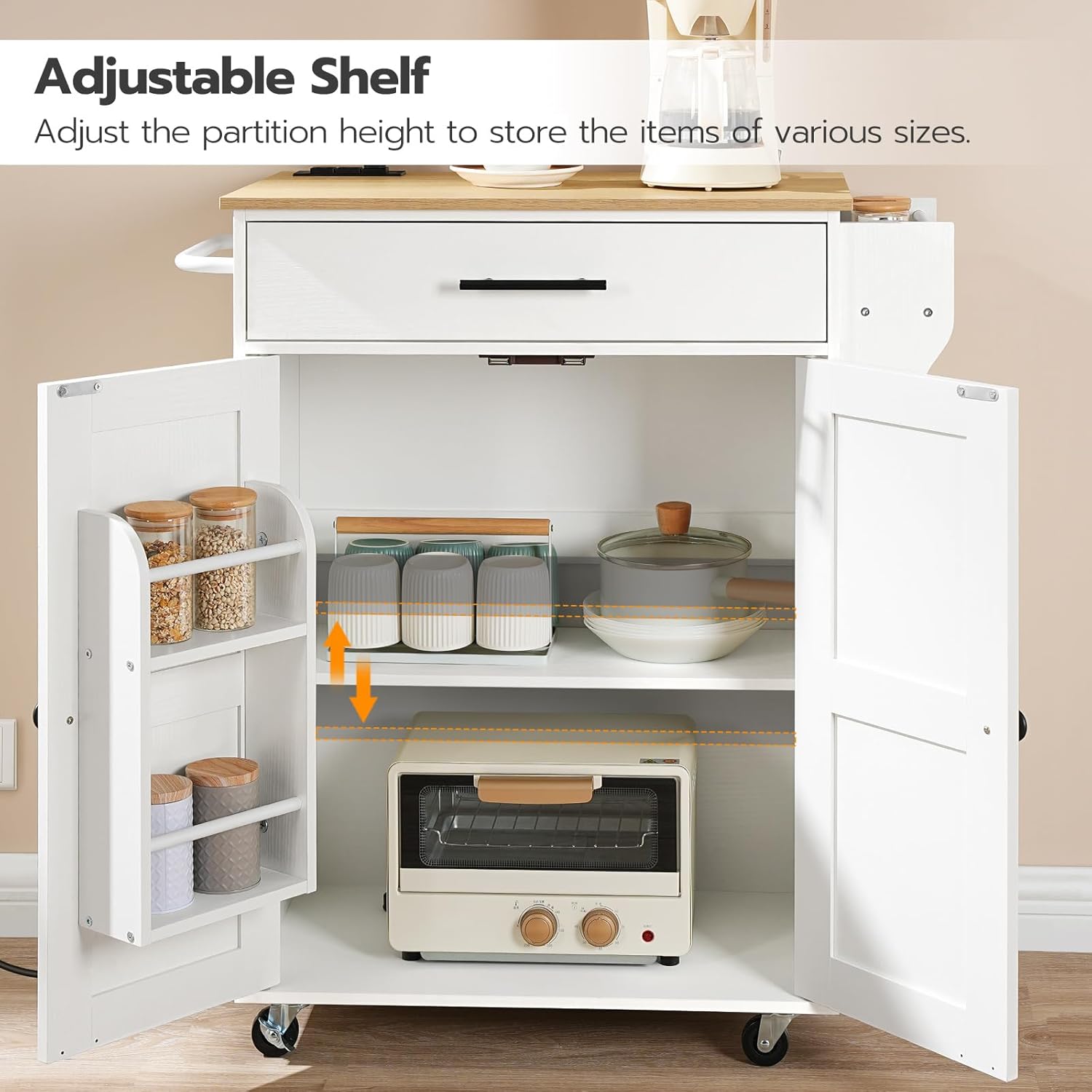 HOOBRO Kitchen Island with Power Outlet, Rolling Kitchen Island with Large Worktop, Kitchen Island Cart with Spice Rack and Drawer, Island Table for Dining Room, White and Natural WN88UZD01