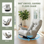 360° Swivel Floor Gaming Chair Linen Folding Chaise Lounge Chair Adjustable Cozy Sofa Chair with Armrests, Phone Holder & Padded Cushion, Ideal for Living Room, Bedroom (Grey)