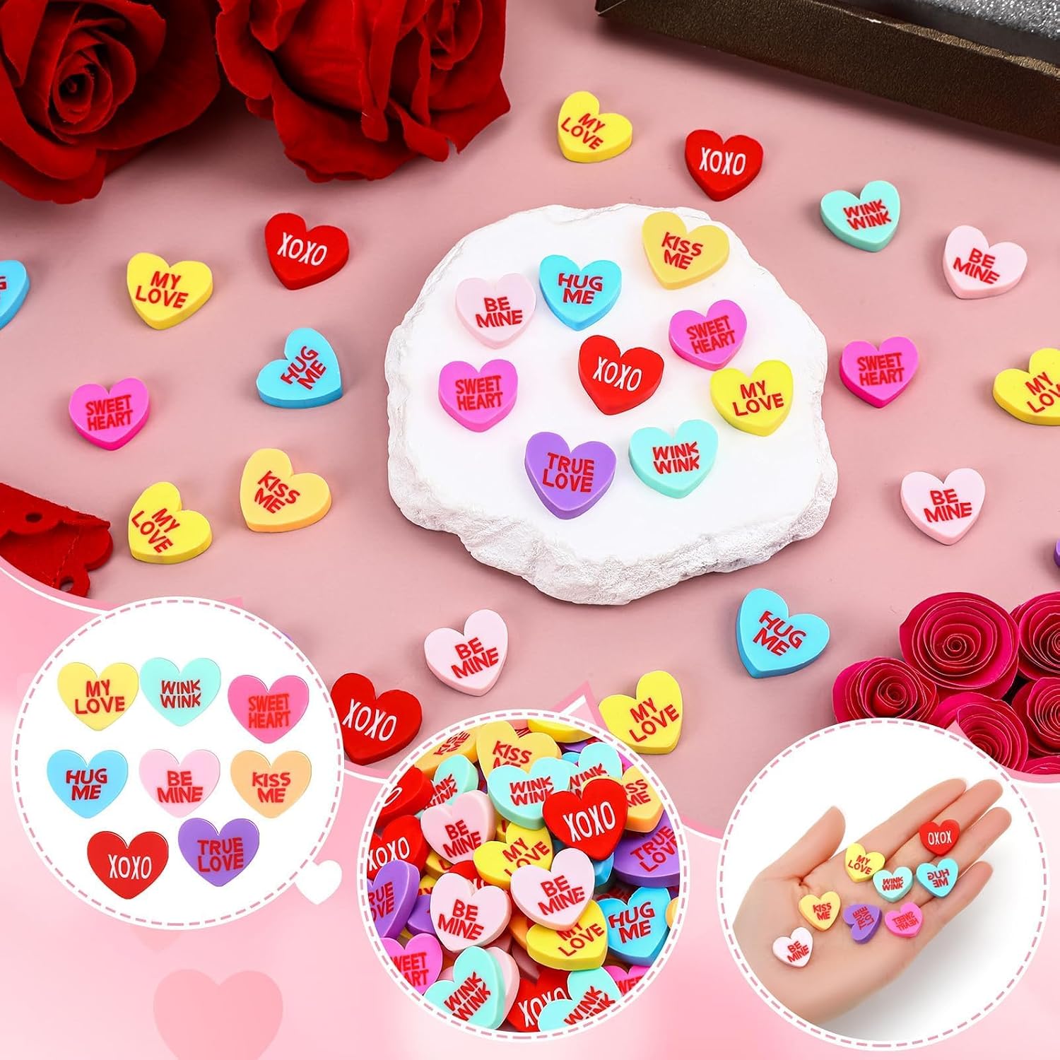 80Pcs Fake Conversation Hearts,Mini Valentines Polymer Clay Conversation Heart Charms Decor Vase Filler for Crafts Pastel Candy Vase Filler Table Decor for Wedding Party Home Decor