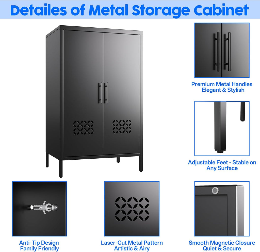Metal Storage Cabinet with 2 Adjustable Shelves,Metal Buffet Sideboard Cabinet with 2 Doors for Home,Office, 42" H x 26" W x 14" D,Assembly Required,Black