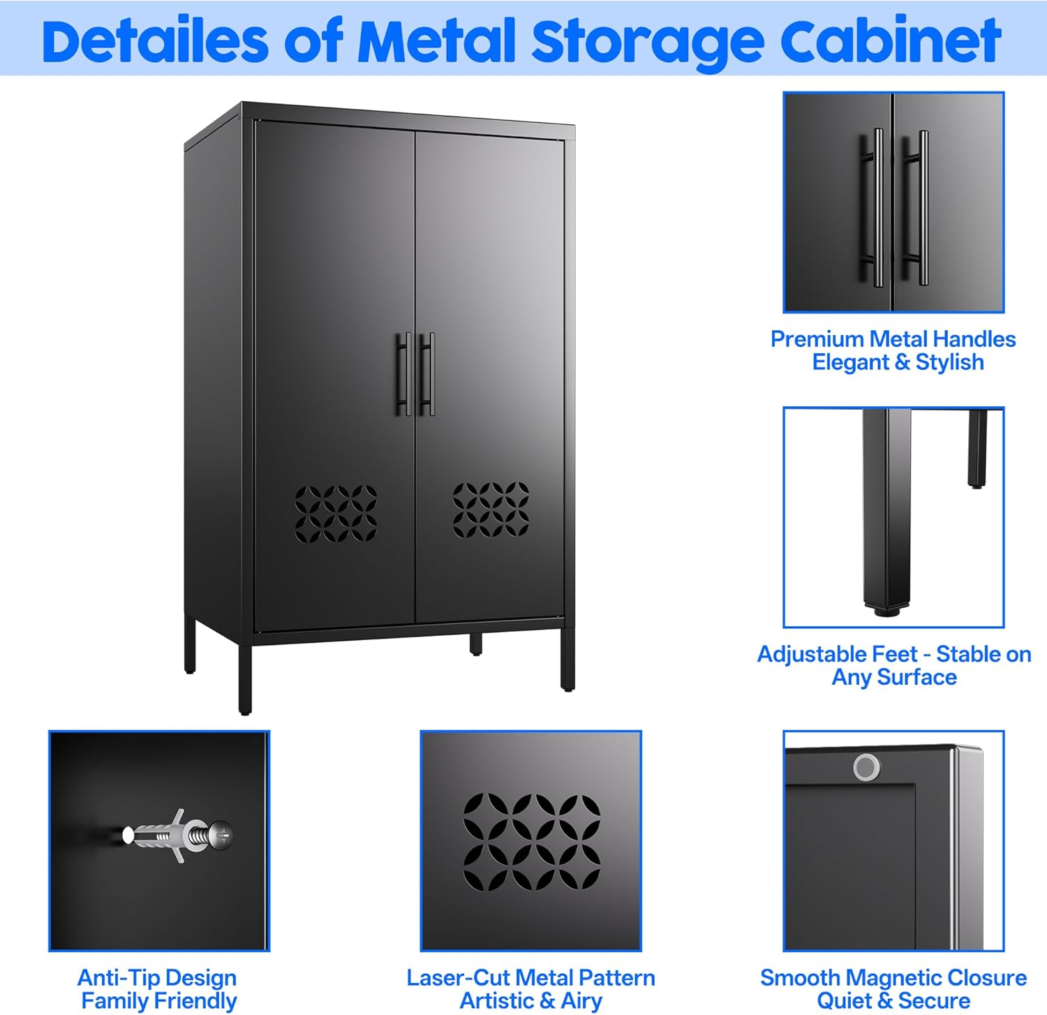 Metal Storage Cabinet with 2 Adjustable Shelves,Metal Buffet Sideboard Cabinet with 2 Doors for Home,Office, 42" H x 26" W x 14" D,Assembly Required,Black