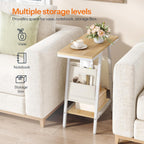 HOOBRO Side Table, Narrow End Table with 2-Tier Storage, Small Side Table with Charging Station, Fabric Pockets, Nightstand for Small Spaces, Living Room, Bedroom, White and Natural WN426UBZ01