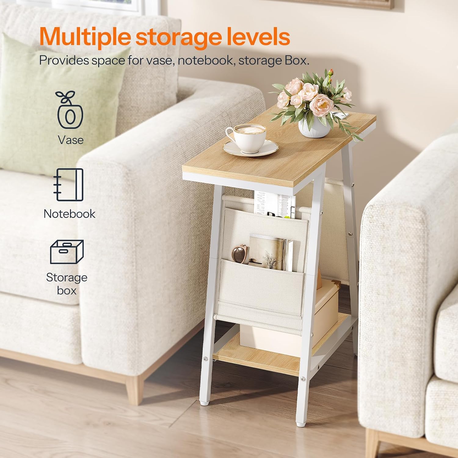 HOOBRO Side Table, Narrow End Table with 2-Tier Storage, Small Side Table with Charging Station, Fabric Pockets, Nightstand for Small Spaces, Living Room, Bedroom, White and Natural WN426UBZ01