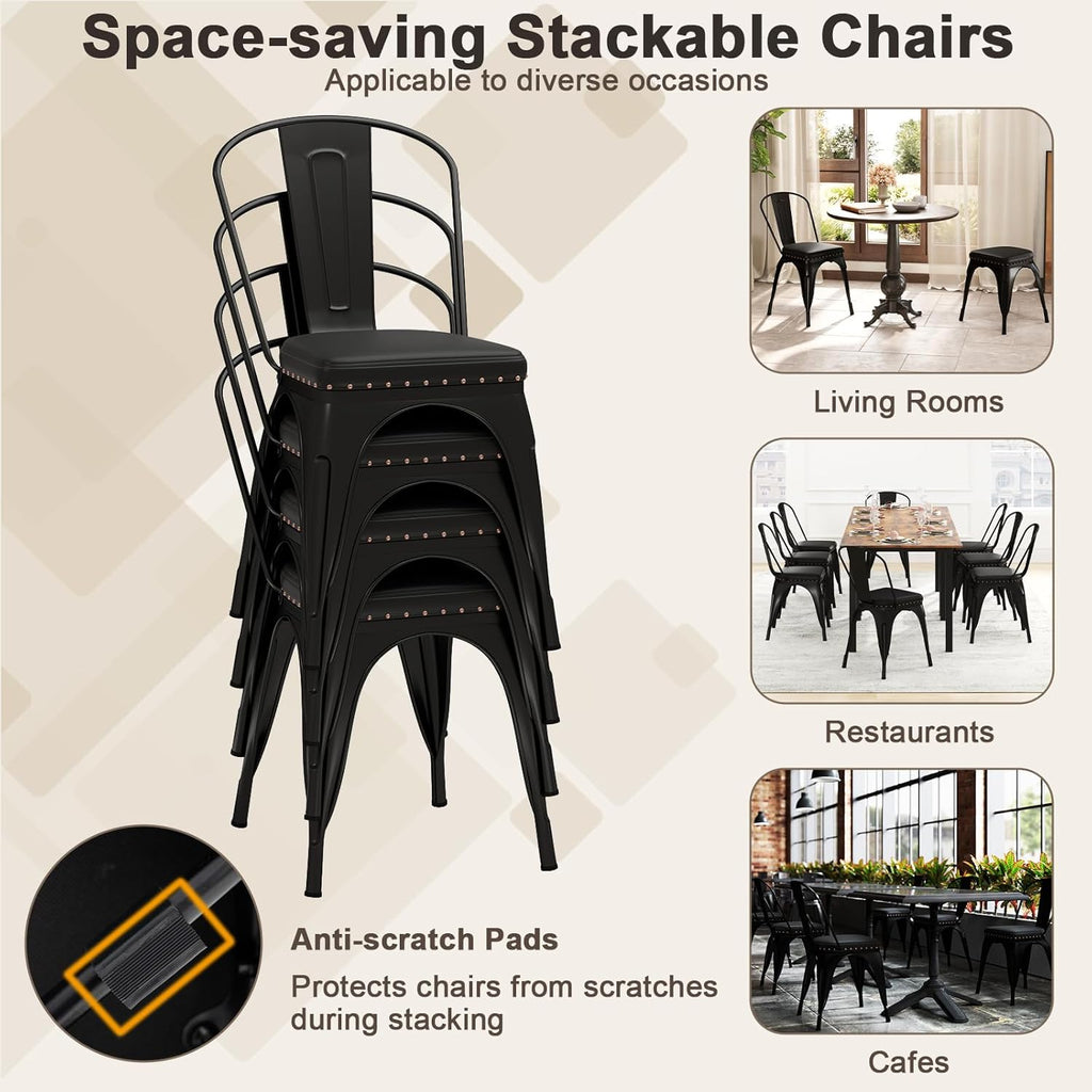 Giantex Metal Dining Chairs Set of 4, Stackable Armless Kitchen Side Chair with Detachable Backrest & PU Leather Padded Seat, Modern Dinette Chairs for Dining Room, Cafe, Restaurant, Bar (Black)