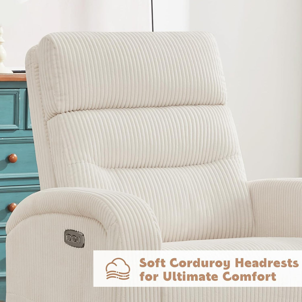 Power Swivel Rocker Recliner, Upholstered Glider Recliner Nursery Chair with Type-C & USB Port, Swivel Rocking Nursery Recliners with Double Pockets for Living Room Bedroom, Corduroy Cream White