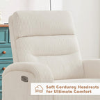 Power Swivel Rocker Recliner, Upholstered Glider Recliner Nursery Chair with Type-C & USB Port, Swivel Rocking Nursery Recliners with Double Pockets for Living Room Bedroom, Corduroy Cream White