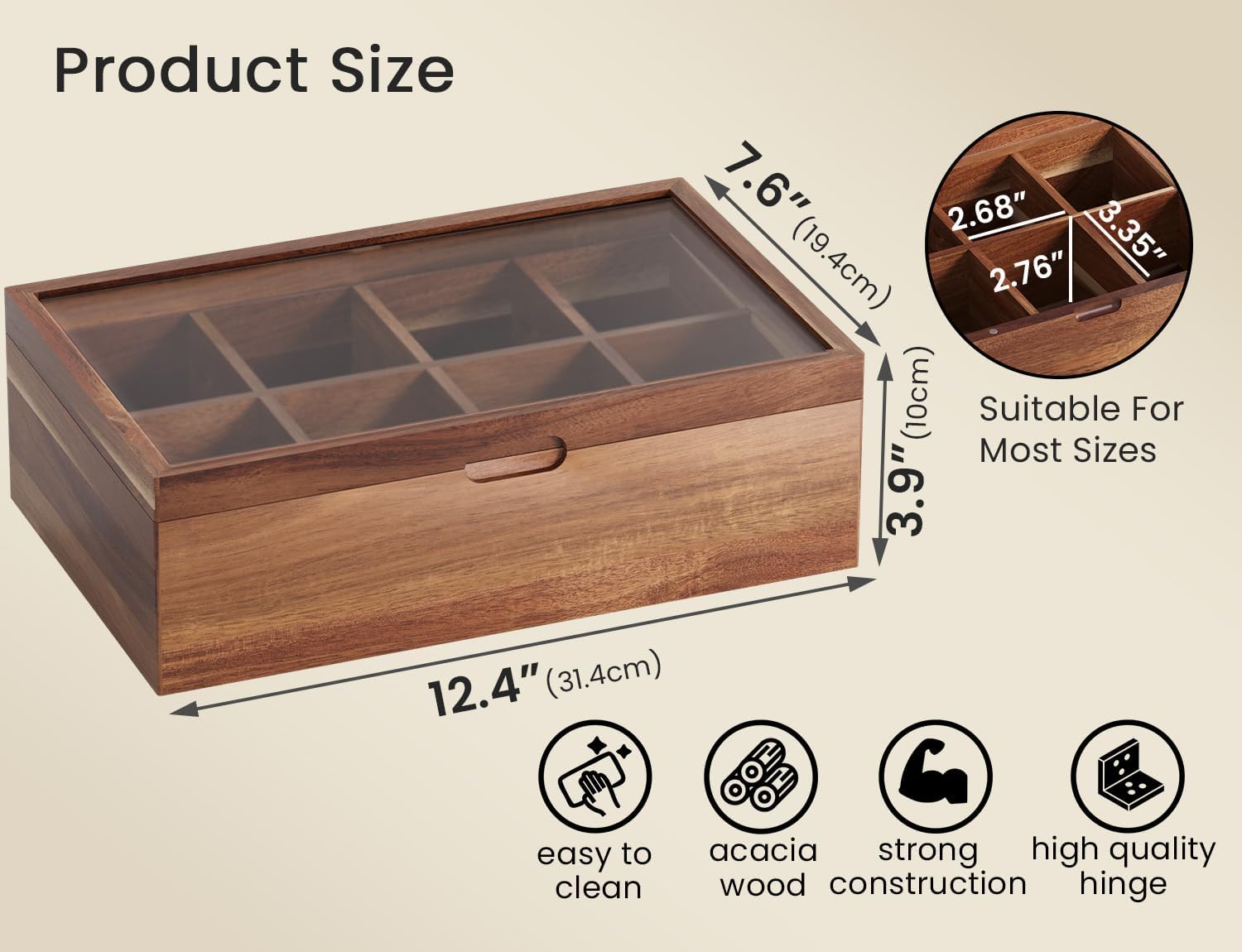 Acacia Wood Tea Bag Storage Box with 8 Compartments & Clear Window | Selected natural wood with elegant grain, versatile for coffee sugar candy jewelry, magnetic sealed lid, smooth finish