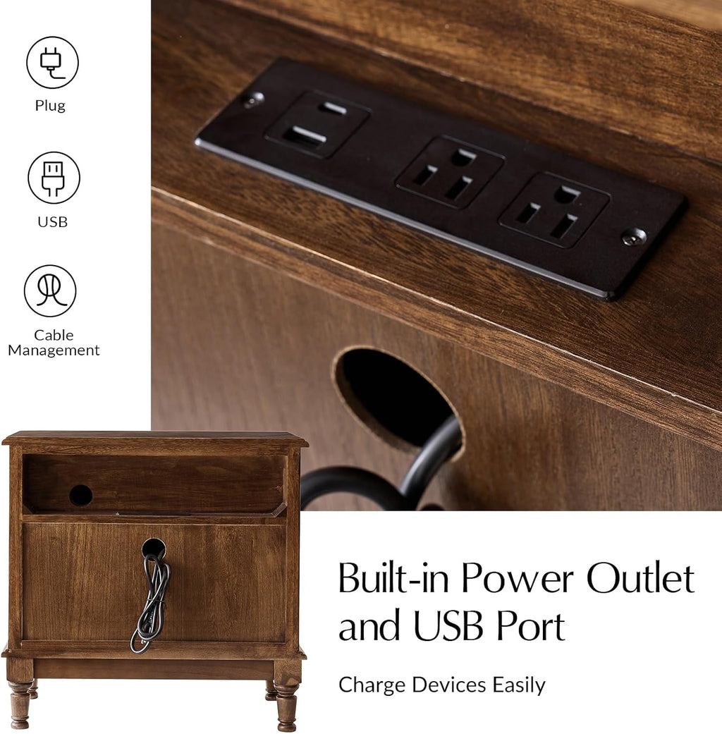 Traditional Solid Wood End Table with Charging Station, USB & Type C Ports, Curved Side Table with 2 Drawers & Pull-Out Tray, Accent Living Room Beside Tables, Walnut