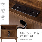 Traditional Solid Wood End Table with Charging Station, USB & Type C Ports, Curved Side Table with 2 Drawers & Pull-Out Tray, Accent Living Room Beside Tables, Walnut