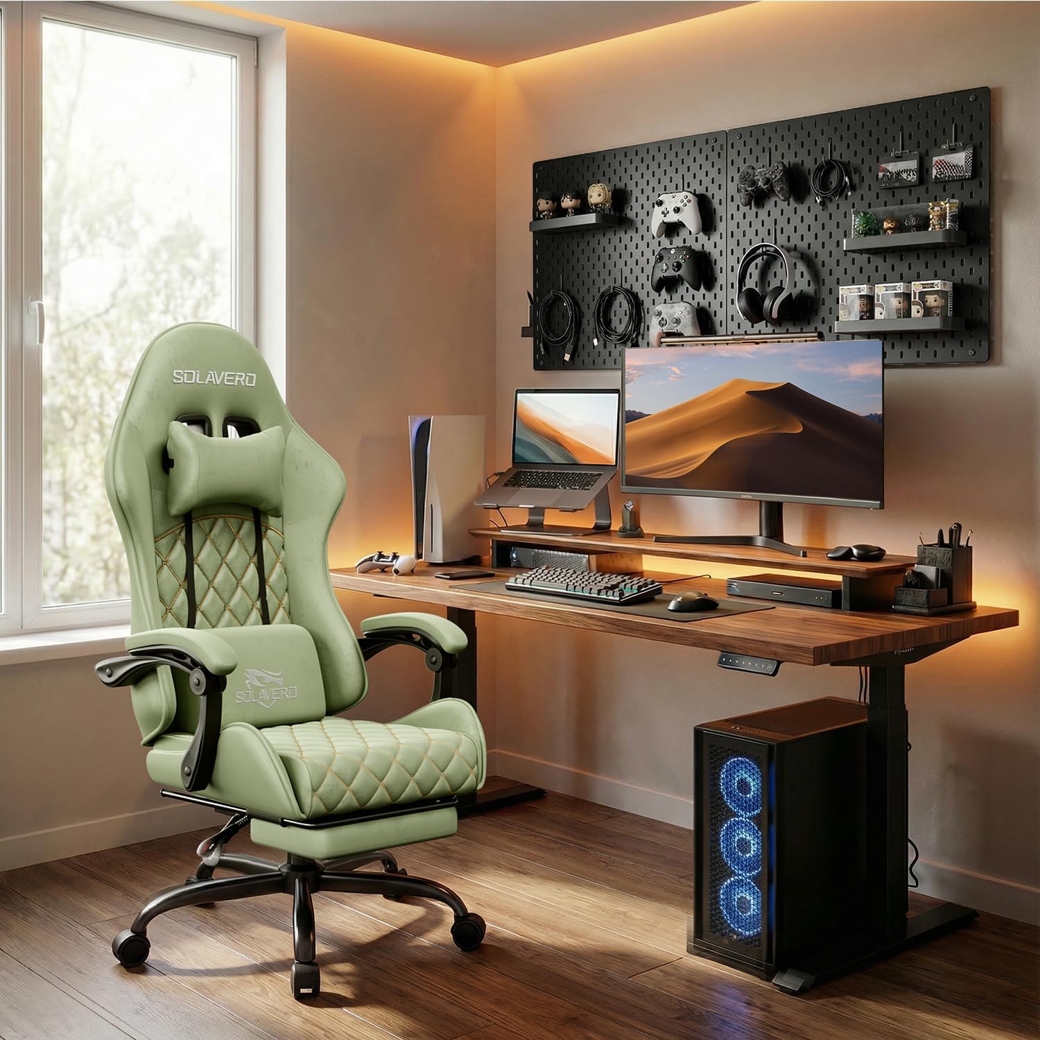 HLDIRECT Massage Recliner Gaming Chair with Footrest for Adults, Green | 300lbs Capacity, Ergonomic Office Computer Chair, Lumbar Support, Breathable Fabric, Headrest, 360° Swivel, Metal Frame