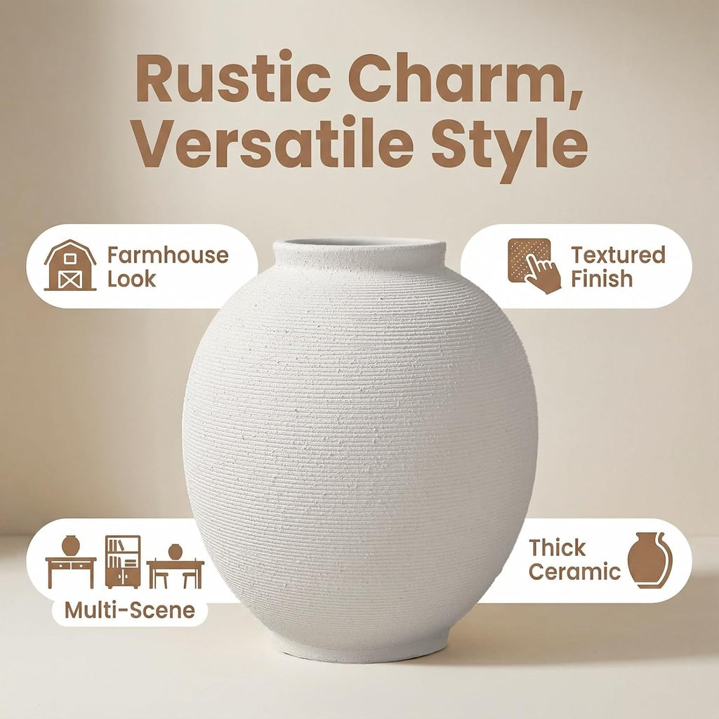 White Ceramic Vase, 9.8" Large, Round, Sandstone White | Farmhouse Style, Hand-Made Textured, Minimalist Design, Home Decor