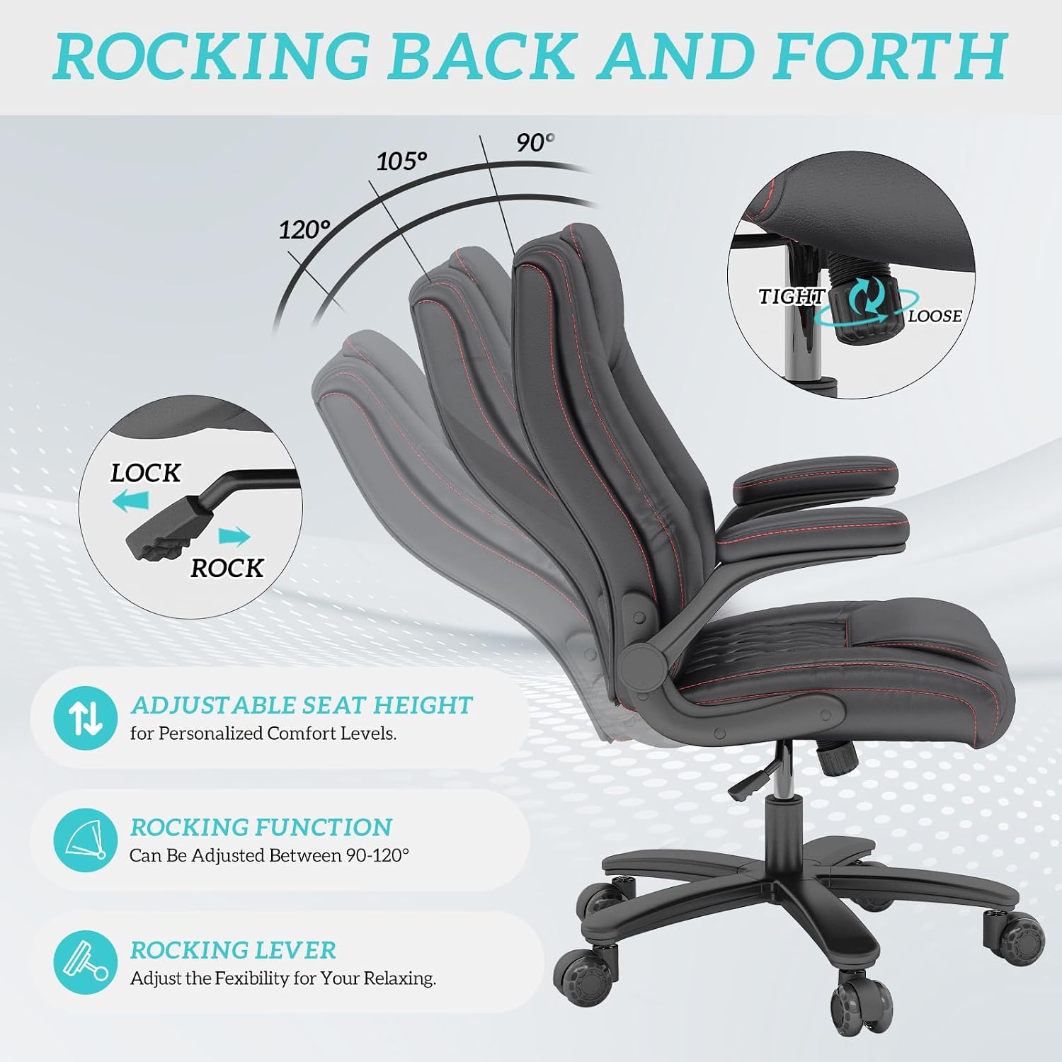 GYI Office Chair, Ergonomic Computer Desk Chair, Leather Executive Office Chair with High Back, Lumbar Support, Flip-up Arms, Wide and Thick Padded Seat, Heavy Duty Base, Rubber Wheels, Black