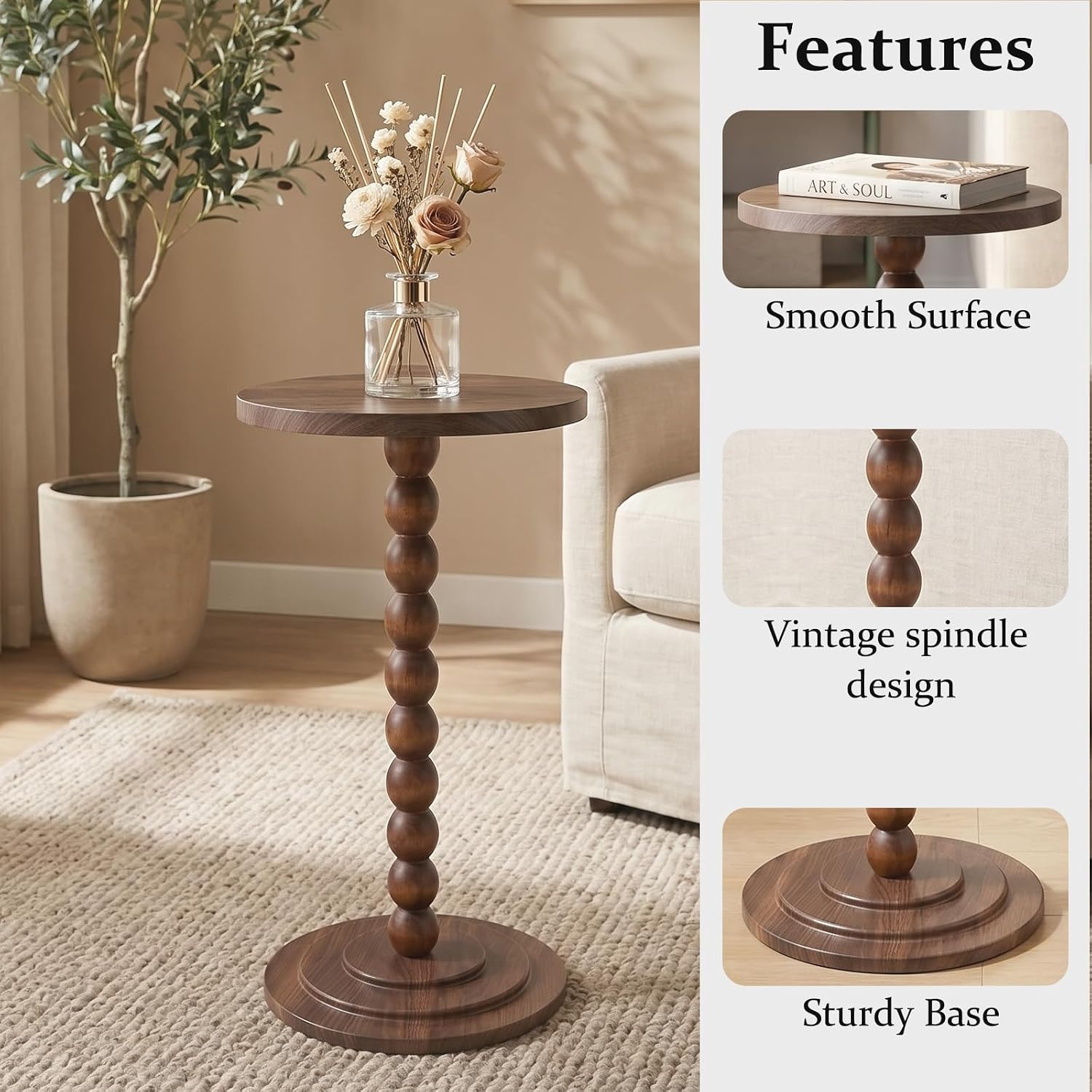 Small Round Side Table, C Table End Tables for Sofa, Sofa Round Tables for Living Room Study and Small Spaces (Walnut)