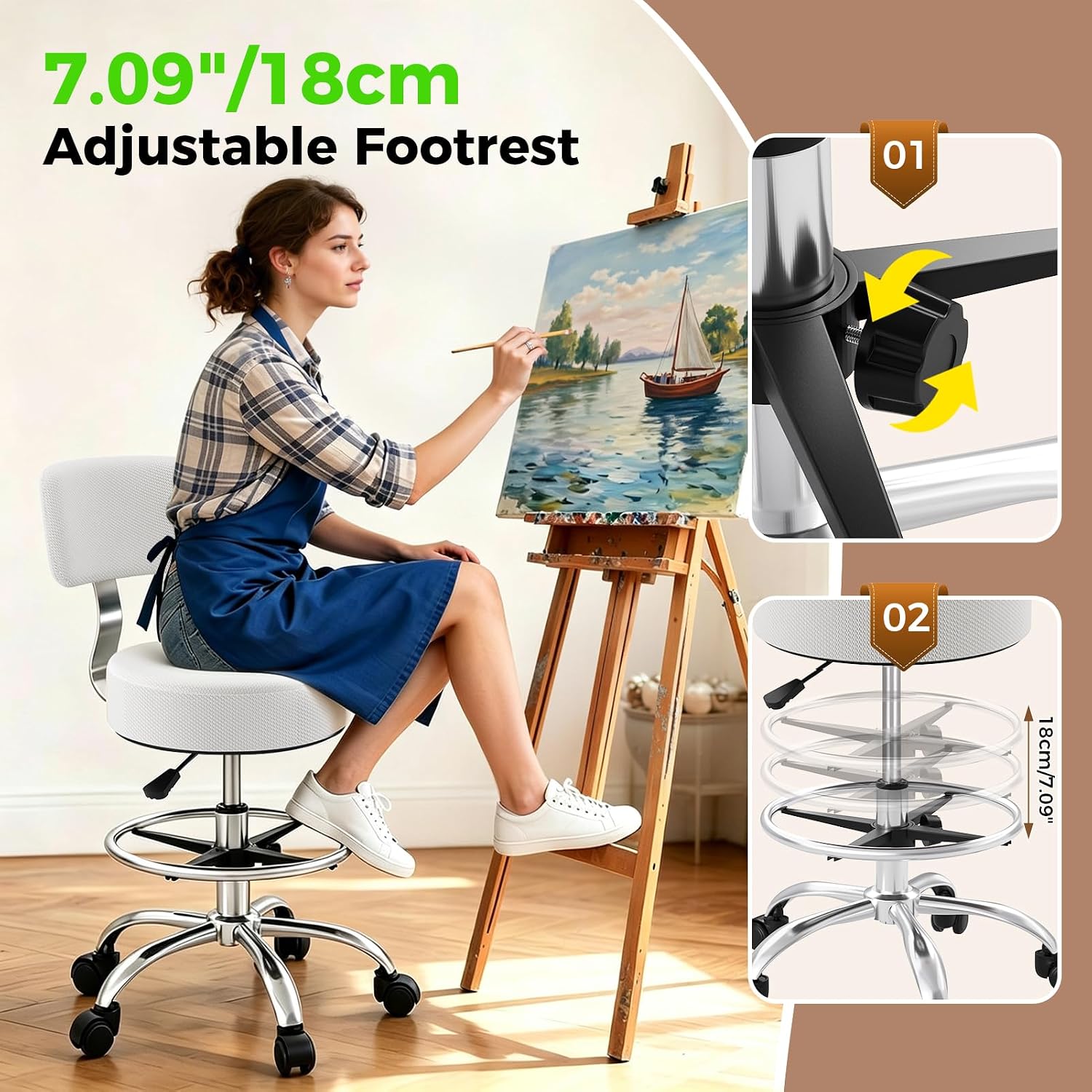 Office Drafting Chair with Footrest, Tall Height Adjustable Stool with Back Support, Heavy Duty Rolling Stool Chair with Wheels for Office Home Kitchen Bar Shop Guitar Studio Vanity, Gray