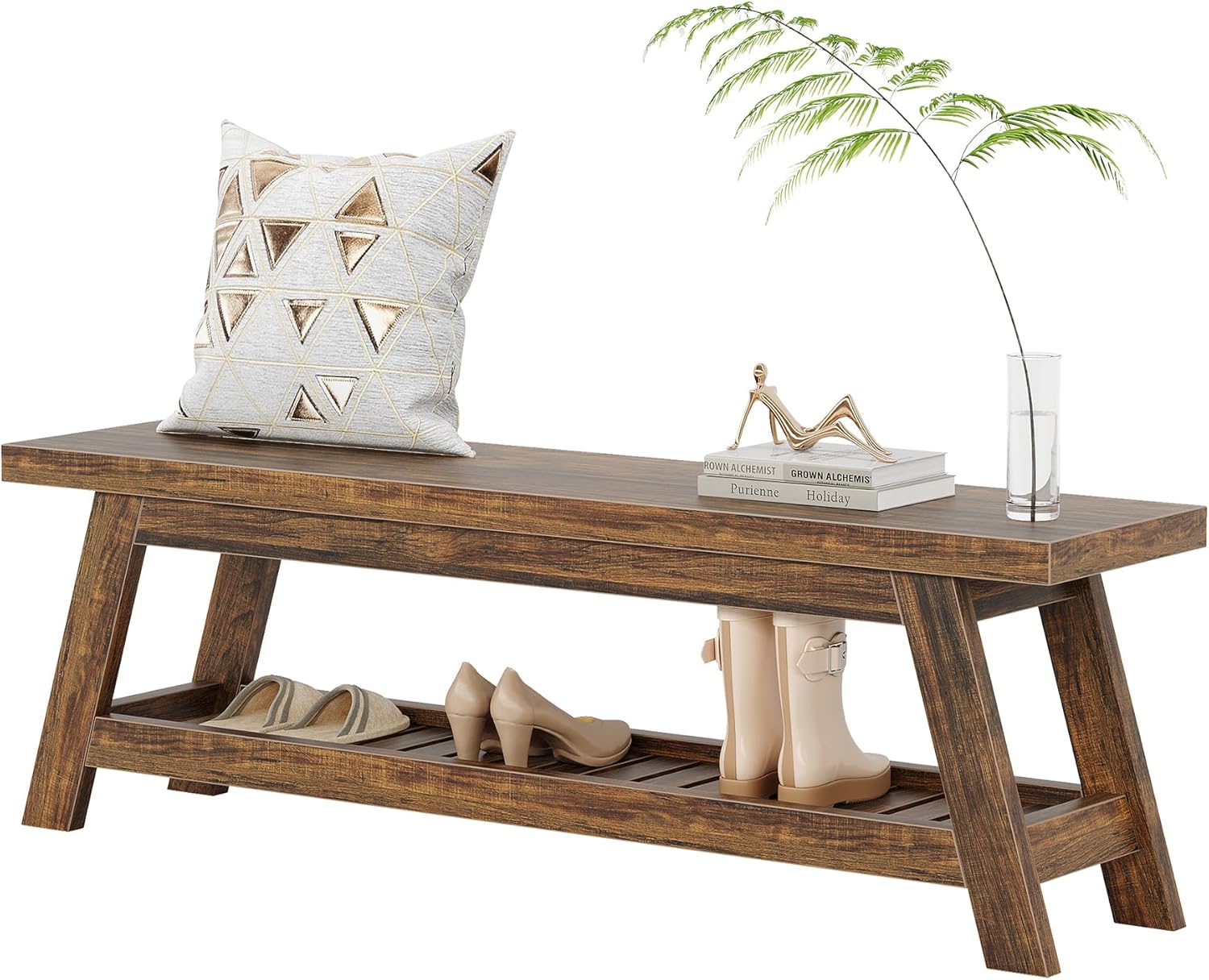 Tribesigns 55" Large Wood Entryway Bench with Shoe Storage, 2-Tier Rustic Brown Narrow Hallway Foyer Seating Bench with Open Shelves for Entryway, Bedroom, Mudroom