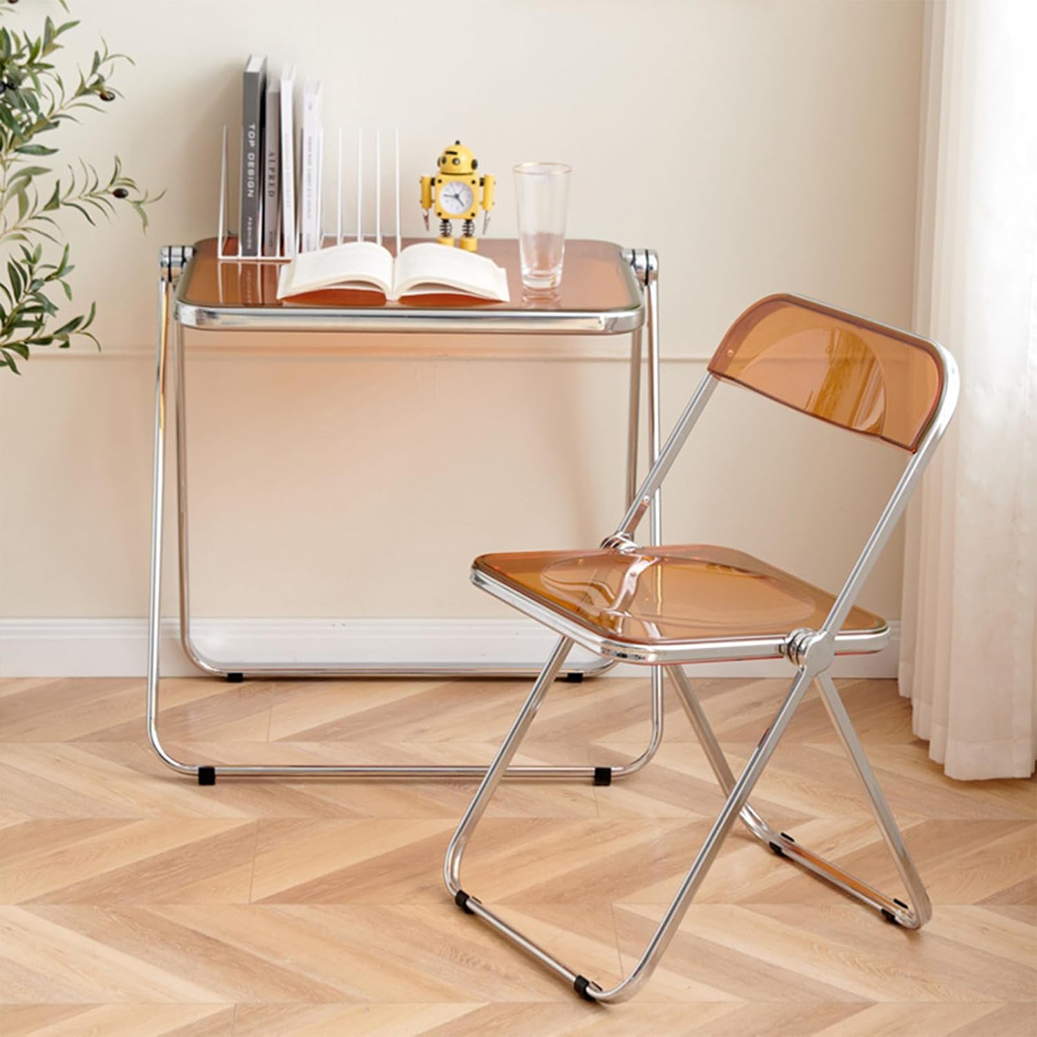 Black Acrylic Folding Tray Table, Sleek Small Foldable Writing Desk for Home Office, Space Saving Laptop Table for Small Spaces, Clear Side Table for Living Room, Portable TV Tray for Couch
