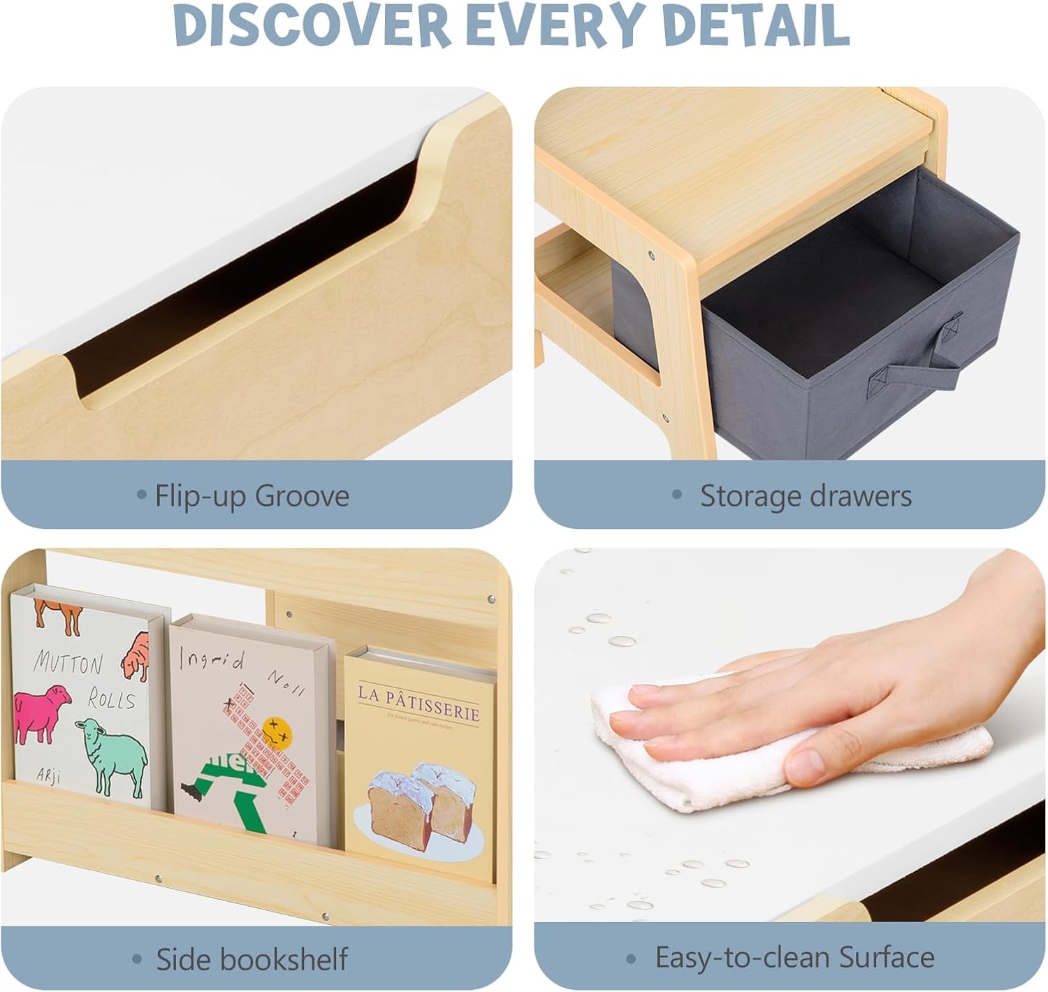 OOOK Kids Table and Chairs Ages 3-7, 4 in 1 Toddler Desk and Chair Set with Whiteboard, Blackboard, Storage Drawer and Book Rack. Toddler Activity Table for Kids Room, Nursery and Playroom