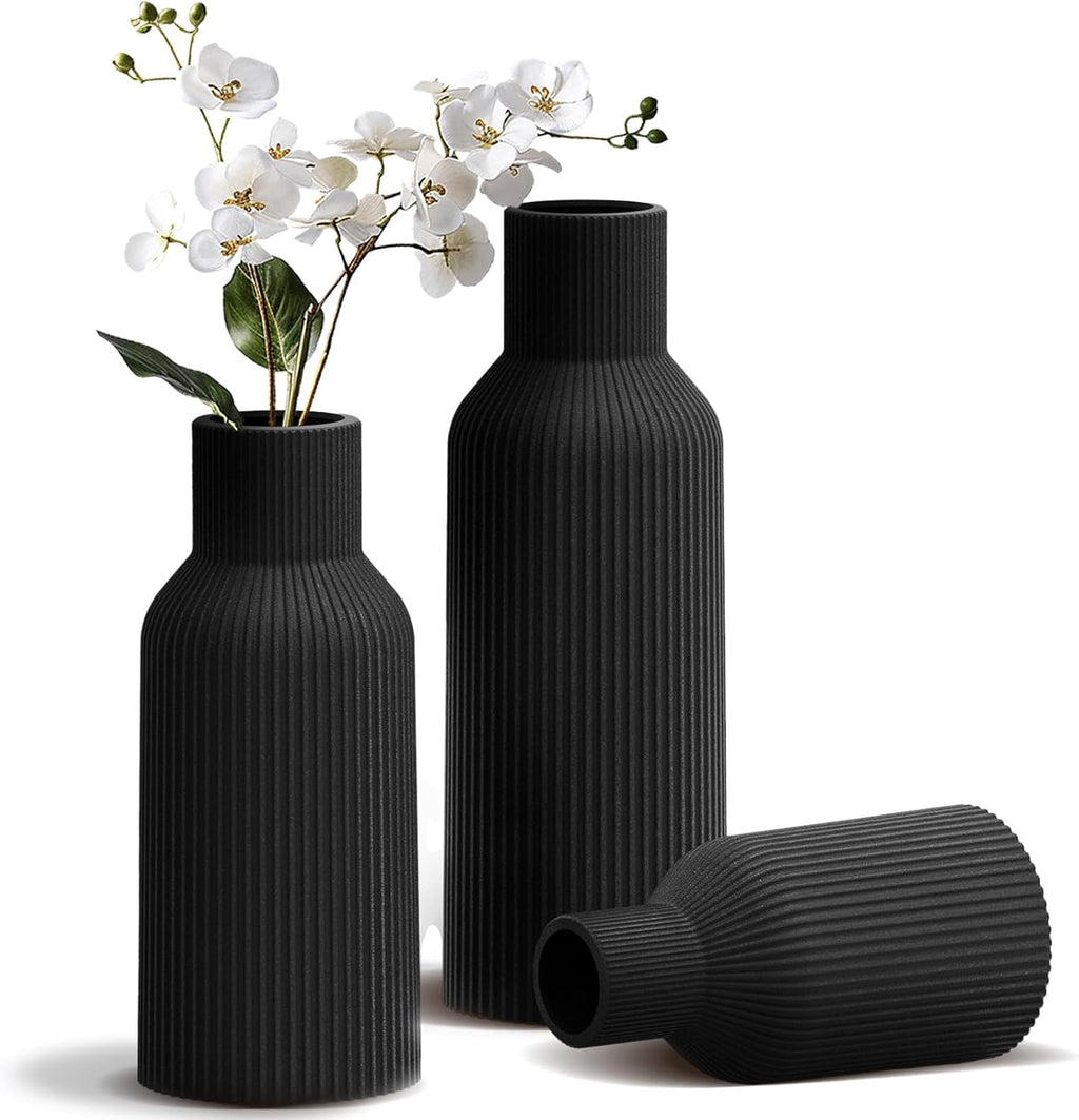Black Ceramic Flower Vases Set of 3, Modern Matte Vertical Ribbed, Nordic Minimalist Decor for Pampas Grass, Dried & Fresh Flowers, Centerpiece for Living Room, Shelf, Entryway, Wedding