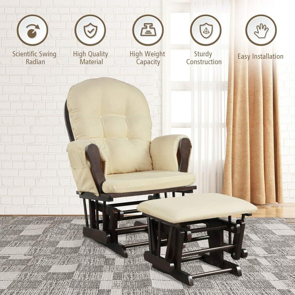Nursery Rocking Chairs Nursery Glider Rocking Chair Wood Baby Rocker with Ottoman Cushion Upholstered Nursing Chair with Padded Arms (Beige)