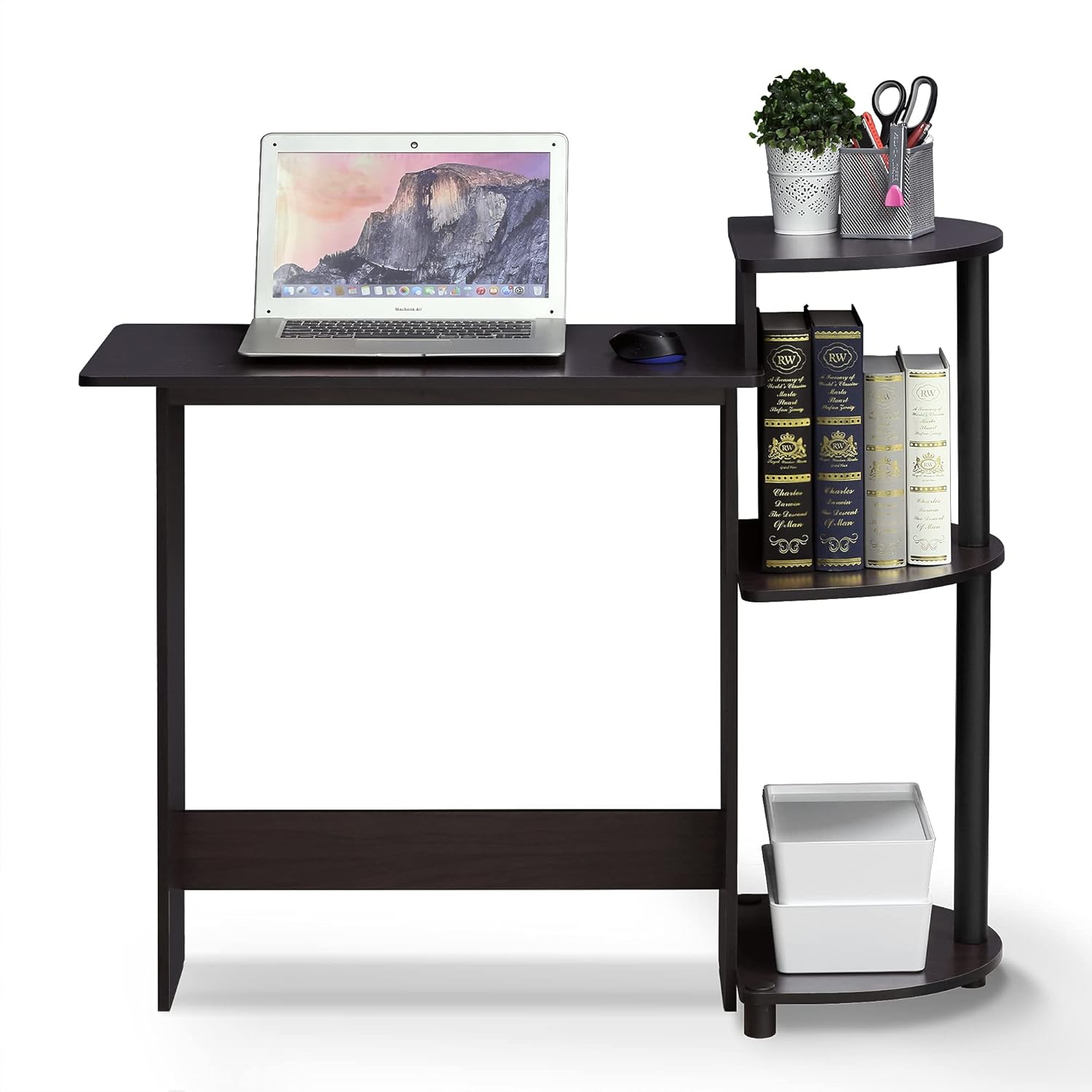 Furinno Compact 29-Inch Brown Computer Desk, Office Desk with 3 Side Shelves, Rectangular Home Office Desk, Gaming Desk for Home Office, Bedroom, Study Room, Dark Mocha