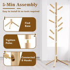 Wooden Coat Rack Freestanding with 8 Hooks,Easy Assembly New Zealand Pine Tree Coat Racks, 3 Adjustable Sizes for Clothes, Hats, Bags, for Entryway, Hallway, Bedroom, Office (Natural, 2PCS)