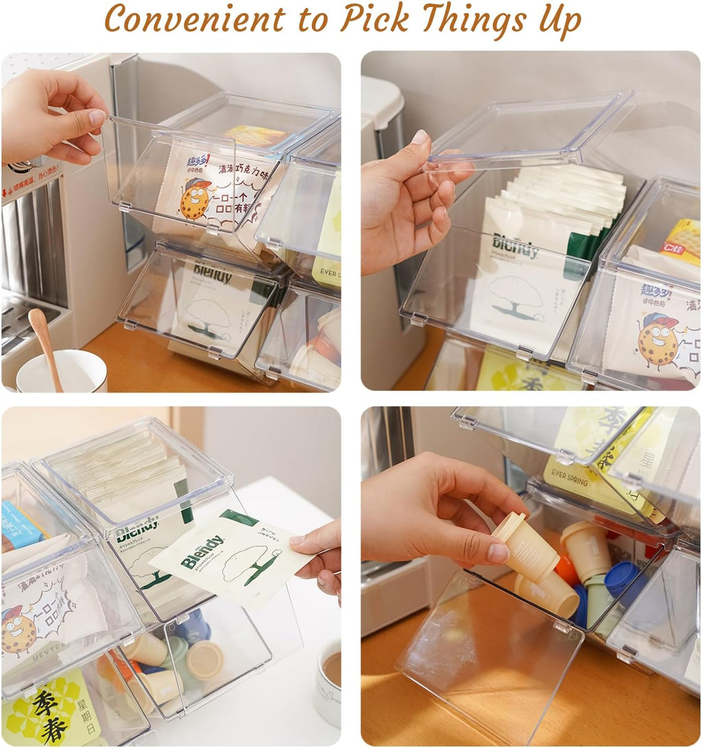 Tea Bag Organizer Coffee Pod Holder K Cup Holder, 4 Pack | Stackable Acrylic Desk Organizer Box with Lid