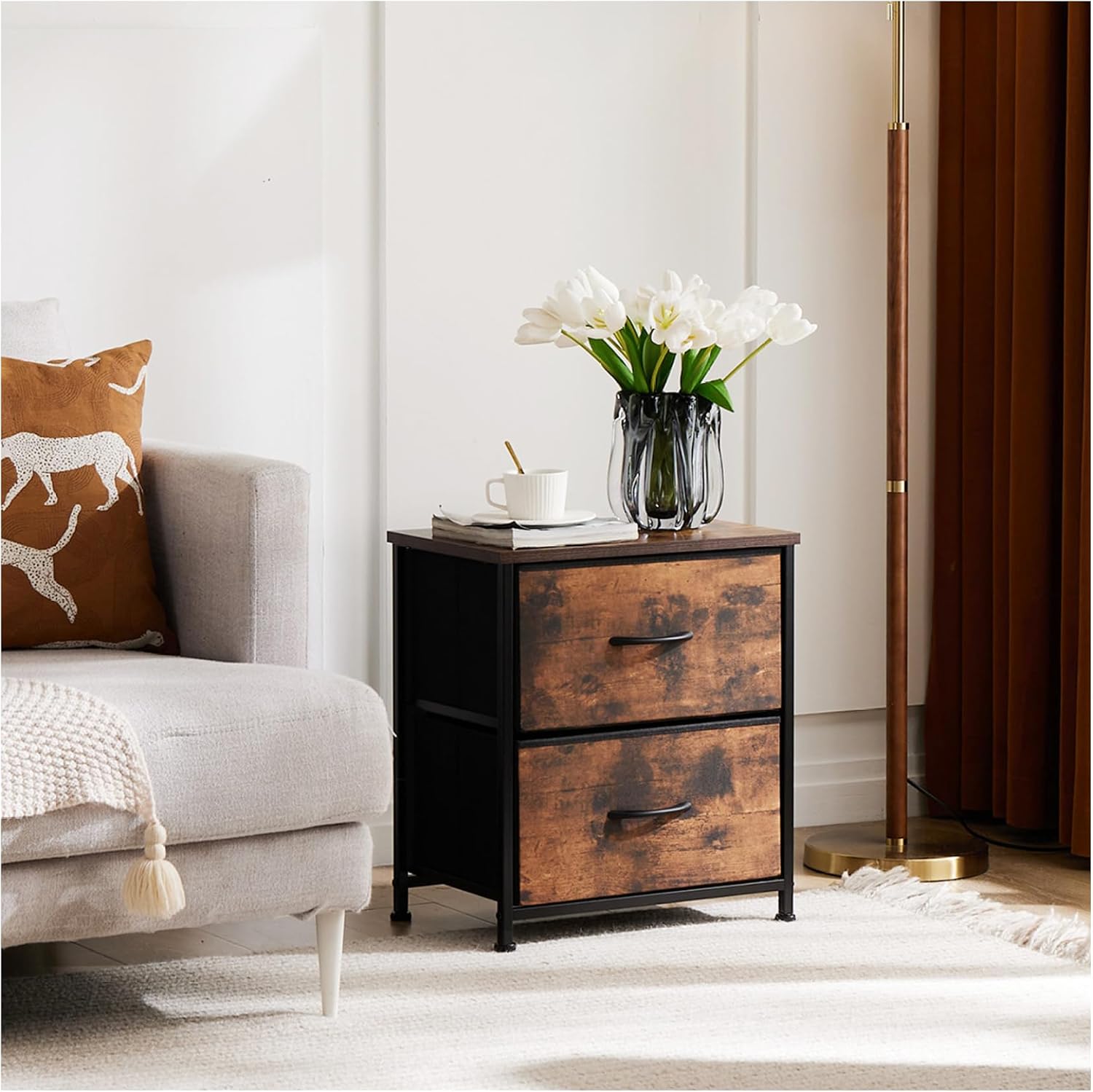 Fabric Dresser 2 Drawers, Nightstands with Adjustable Feet, End Table Set of 2