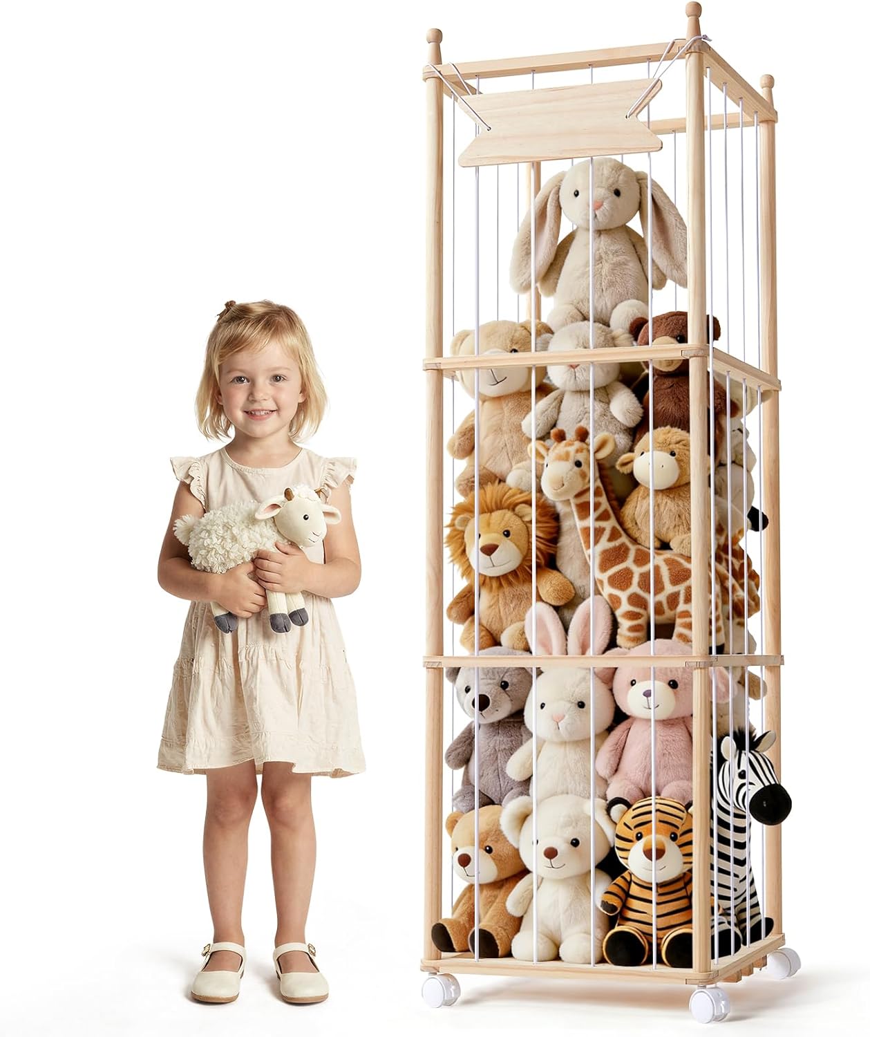 Ostutry Stuffed Animal Storage with Wheels - Wood Stuffed Animals Organizer Holder Zoo Large Capacity Plush Toy Cage with Elastic Band for Playroom, Bedroom, Nursery