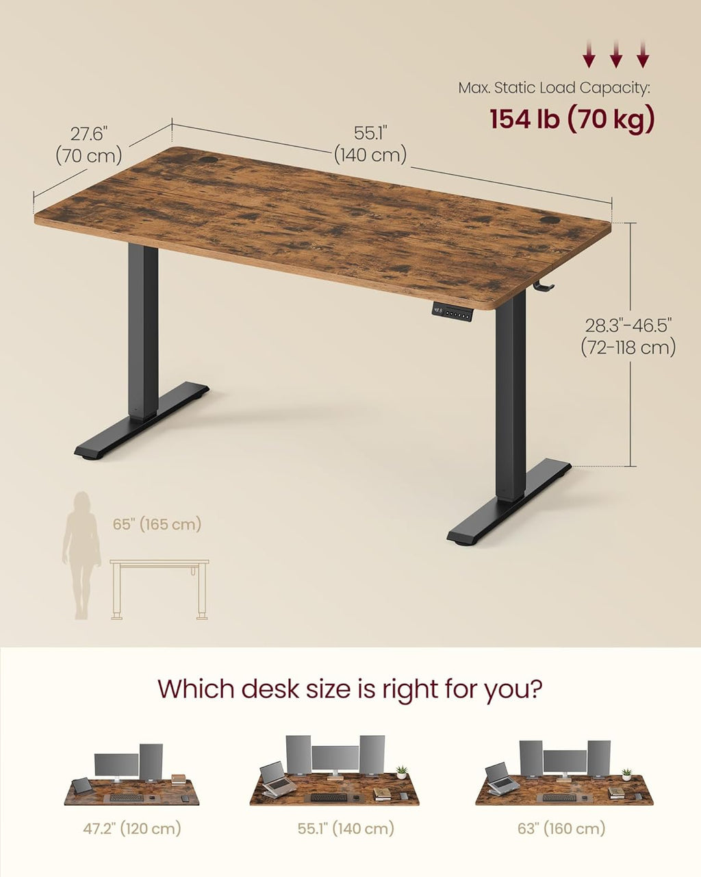 VASAGLE Electric Standing Desk, 55.1 x 27.6 Inches Height Adjustable Desk, Sedentary Reminder, 4 Memory Heights, for Home Office, Rustic Brown ULSD315KD020S