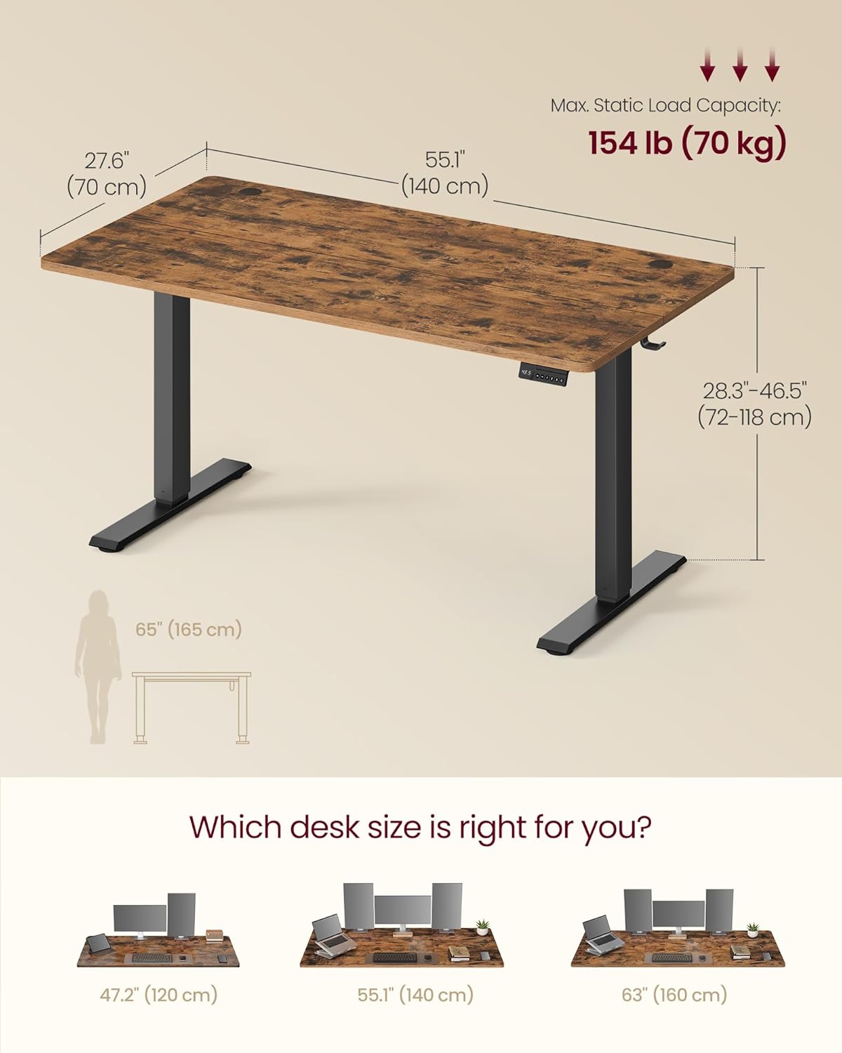 VASAGLE Electric Standing Desk, 55.1 x 27.6 Inches Height Adjustable Desk, Sedentary Reminder, 4 Memory Heights, for Home Office, Rustic Brown ULSD315KD020S