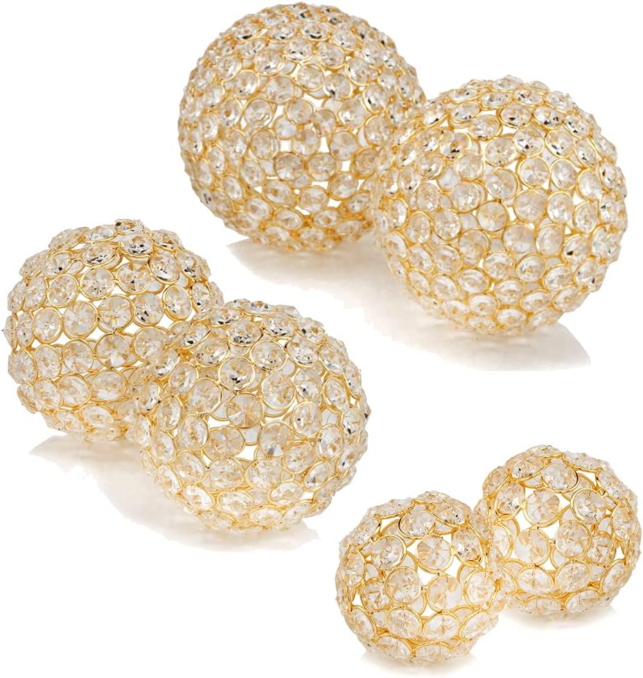 Facetas Decorative Crystal Sphere Fillers – Set of 2 Handcrafted Decorative Orbs, Available in all Crystal Silver & Gold, or in Silver & Gold with added Faux Pearls, 3", 4" or 5" Diameter