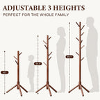 Wooden Coat Rack Freestanding with 8 Hooks & 3 Adjustable Sizes for Clothes, Space-Saving Design for Bedroom Office Entrance Holds Hats Coats Scarves Bags
