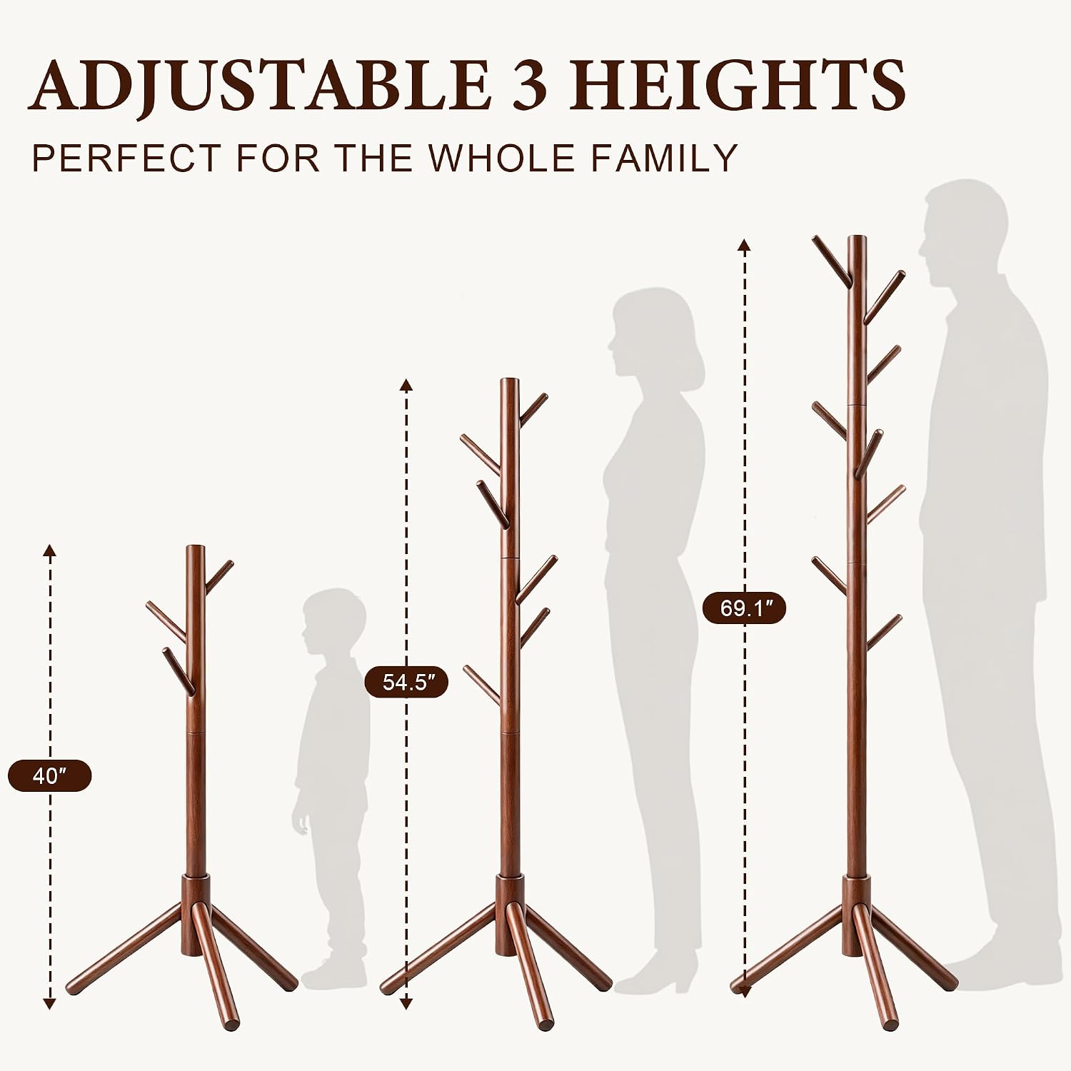 Wooden Coat Rack Freestanding with 8 Hooks & 3 Adjustable Sizes for Clothes, Space-Saving Design for Bedroom Office Entrance Holds Hats Coats Scarves Bags