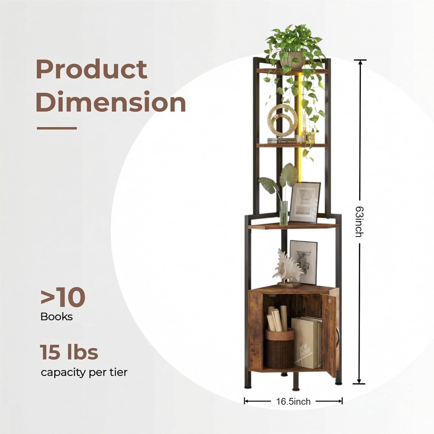 5-Tier LED Corner Cabinet Shelf, Rustic Brown Space-Saving Storage Organizer with Ambient Lighting, Freestanding Modern Farmhouse Shelf for Small Spaces