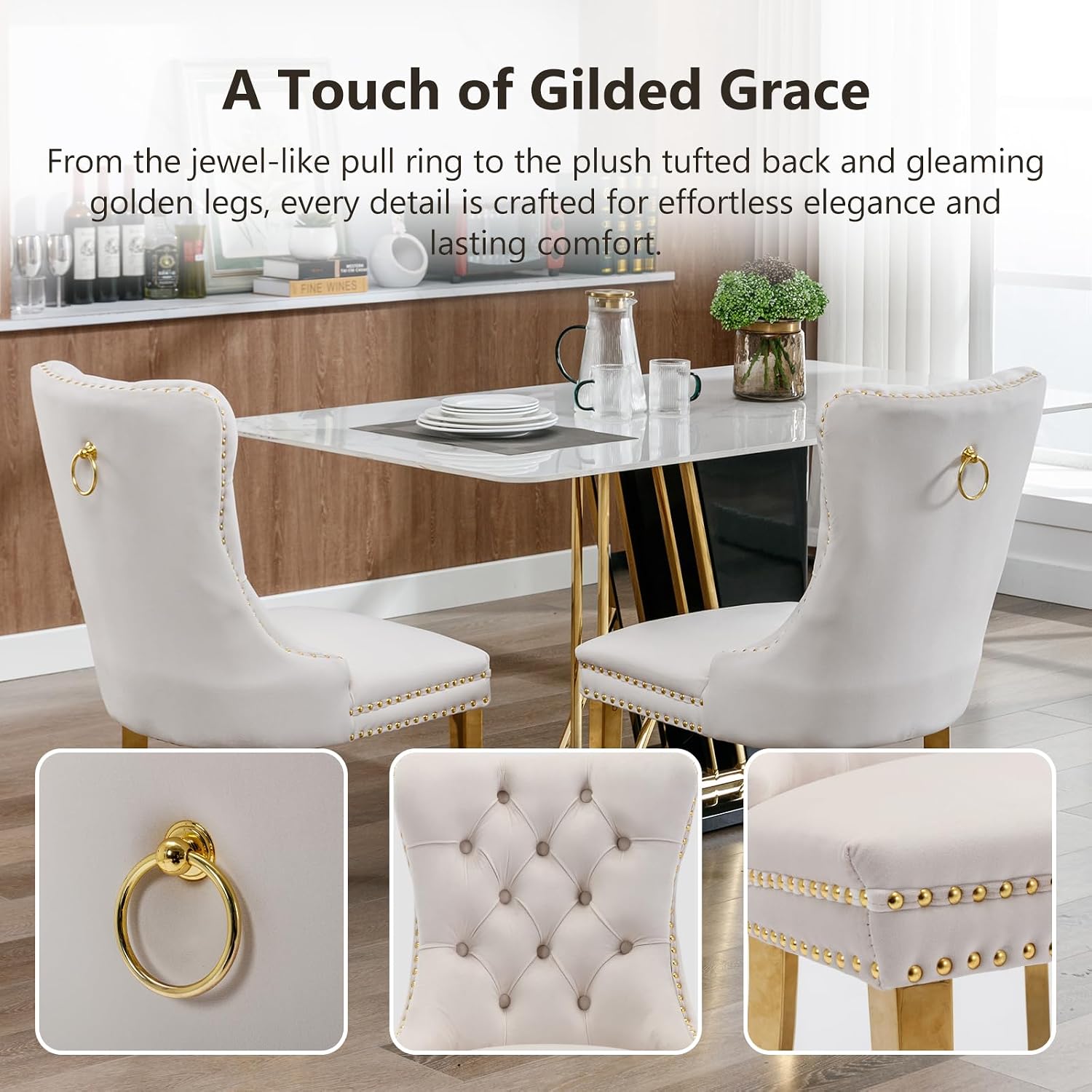 Modern Velvet Upholstered Dining Chairs Set of 2, Mid-Century Tufted Back Kitchen Chairs with Ring Pull & Gold Metal Legs, Beige Accent Side Chair for Living Room, Sillas de Comedor, (Ivory, 2 Pcs)