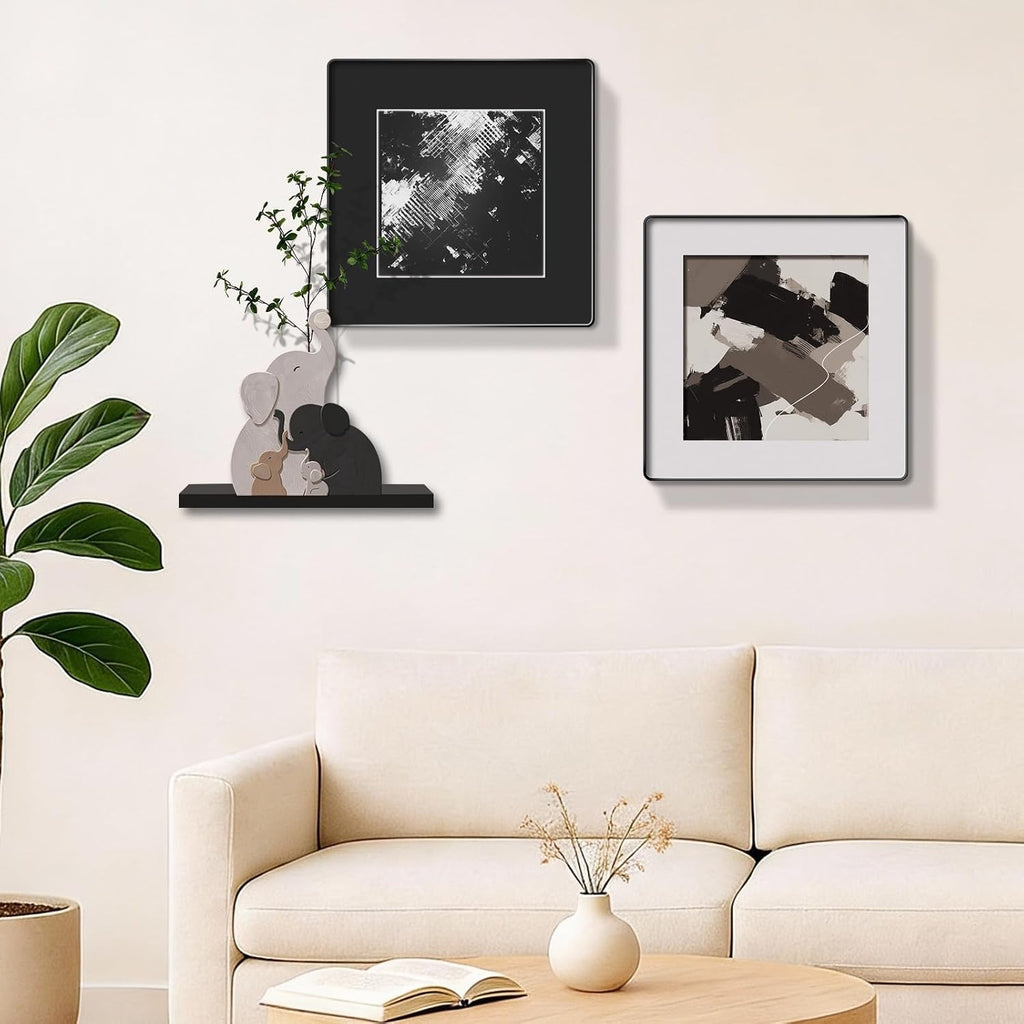 3-piece Bohemian gallery wall decoration set, 2 high-definition crystal porcelain frame abstract prints+wooden elephant sculptures+artificial green plants, soft black border frame, minimalist wall art for living room and bedroom entrances