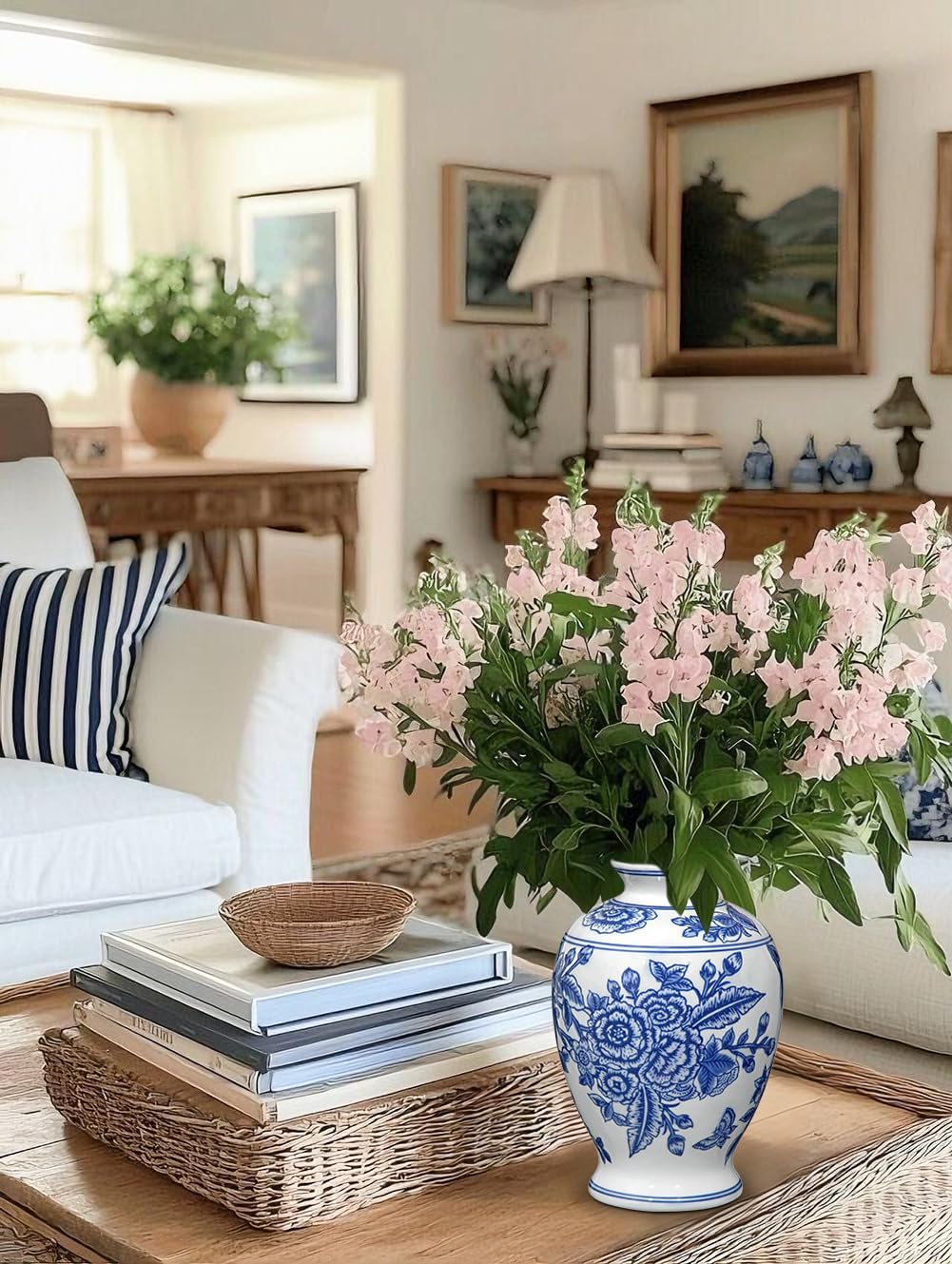 Blue and White Vase, Ceramic Vase for Home Decor 9.4" Chinoiserie Vases for Flowers Blue and White Porcelain Flower Vases for Living Room, Bathroom, Dinner Table Centerpieces