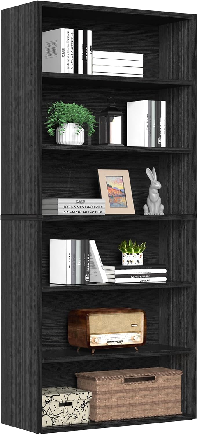 Sweetcrispy 6-Tier Bookcase, 63 Inch Tall Open Bookshelf, Freestanding Wood Book Case, Storage Shelves for Bedroom, Modern Display Bookshelf for Home Office Living Room，Black