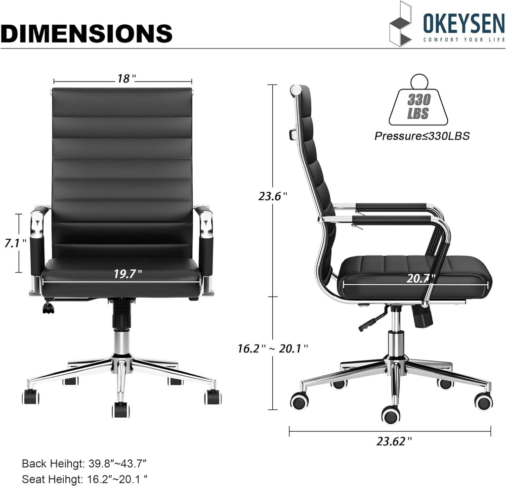 Okeysen Office Desk Chair, Ergonomic Leather Modern Conference Room Chairs, Executive Ribbed Height Adjustable Swivel Rolling Chair for Home Office. (Black)